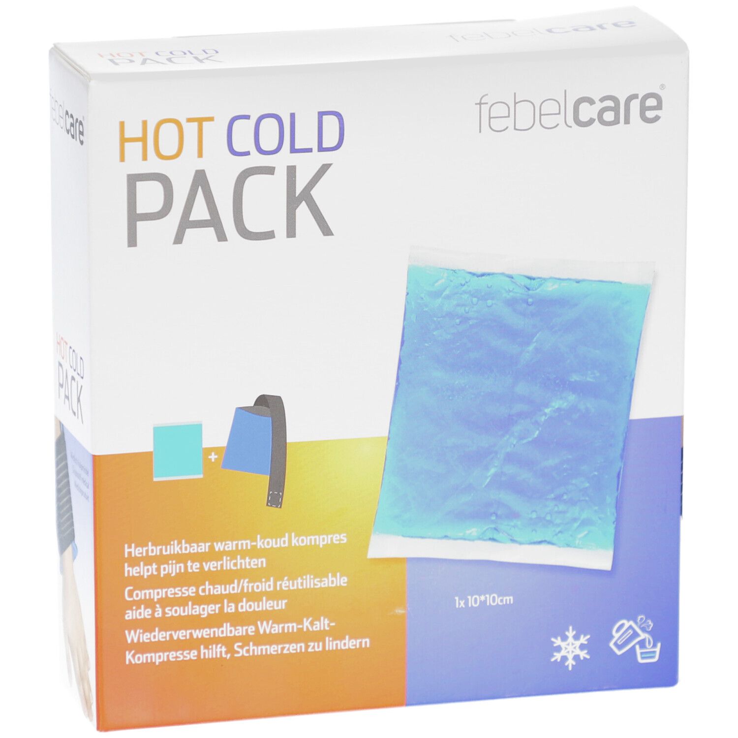 Verpackung "HOT COLD PACK" mit "febelcare" Logo. Enthält ein blaues Gel-Pack. Text: "1x 10*10cm".