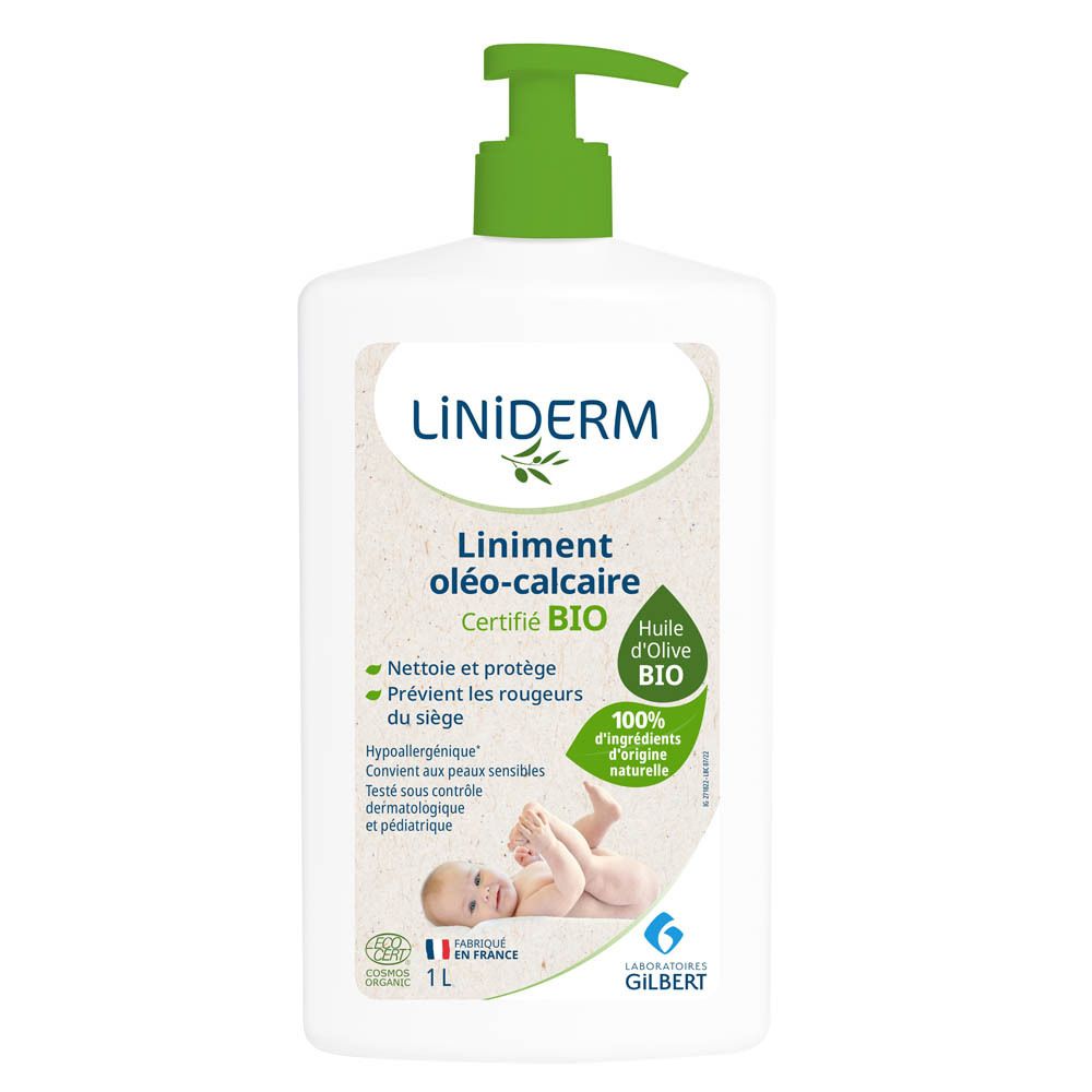 Flacon blanc avec pompe verte. Inscriptions: Liniderm, Liniment oléo-calcaire, certification Bio. Contient de l'huile d'olive. Image de bébé.