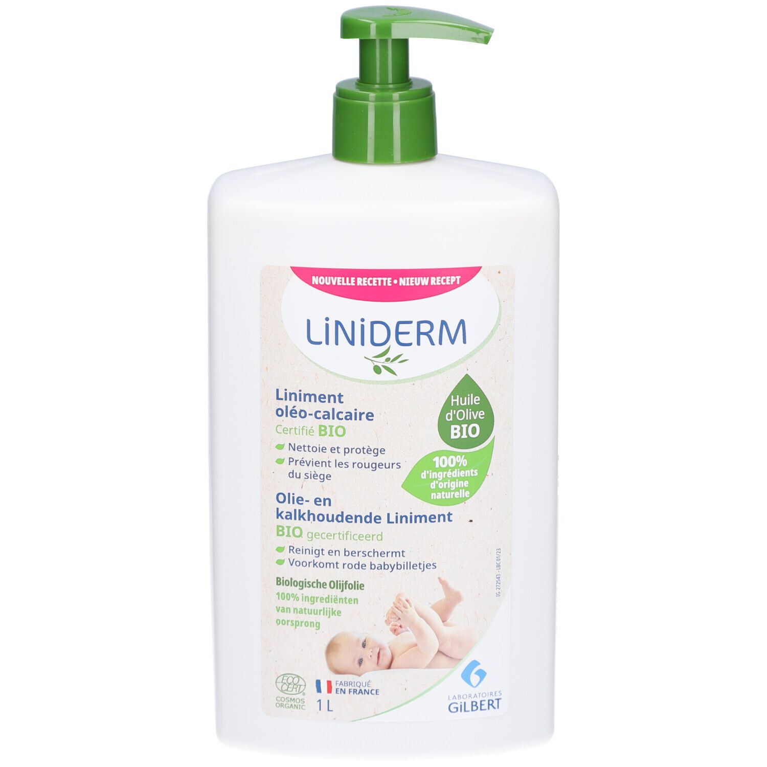 Weiße Flasche mit grünem Pumpkopf. Aufschrift: Liniderm, Liniment oléo-calcaire, Bio-Zertifizierung. Enthält Olivenöl. Babyabbildung.