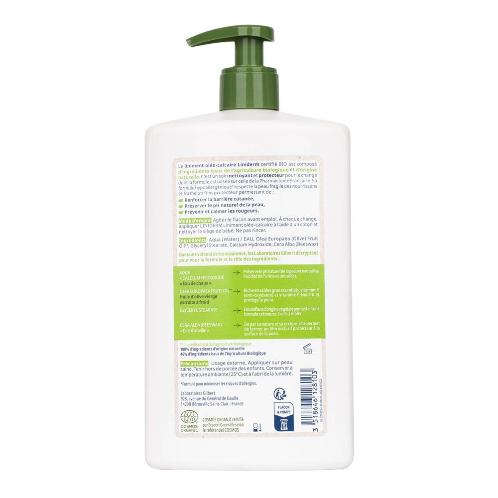 Dos du flacon blanc avec pompe verte. Texte multilingue. Informations sur la composition et l'utilisation.