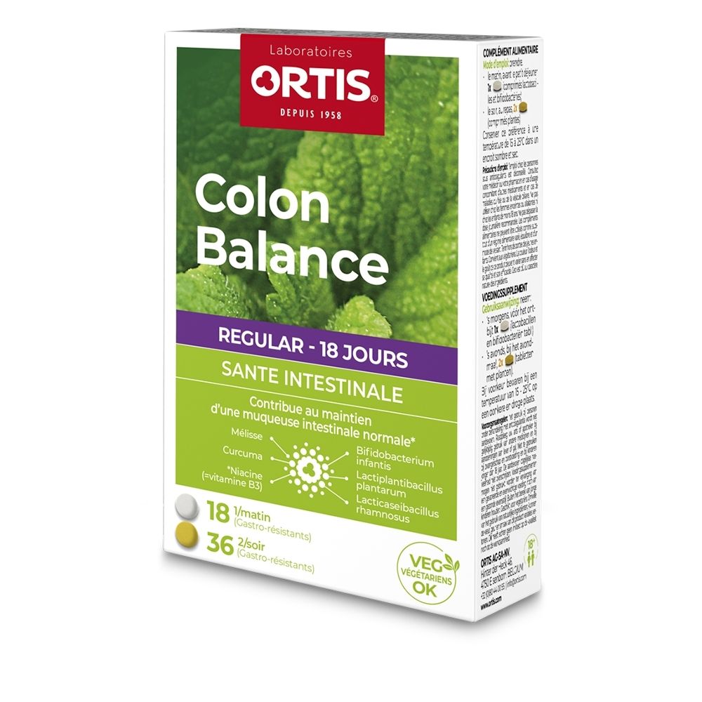 Boîte Ortis Colon Balance Regular sur fond de feuilles de menthe.