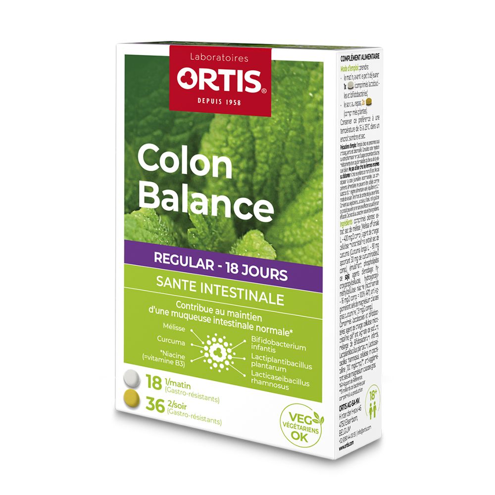 Ortis Colon Balance Packung. Enthält 18 Tabletten für morgens und 36 für abends. Mit grünen Blättern im Hintergrund.