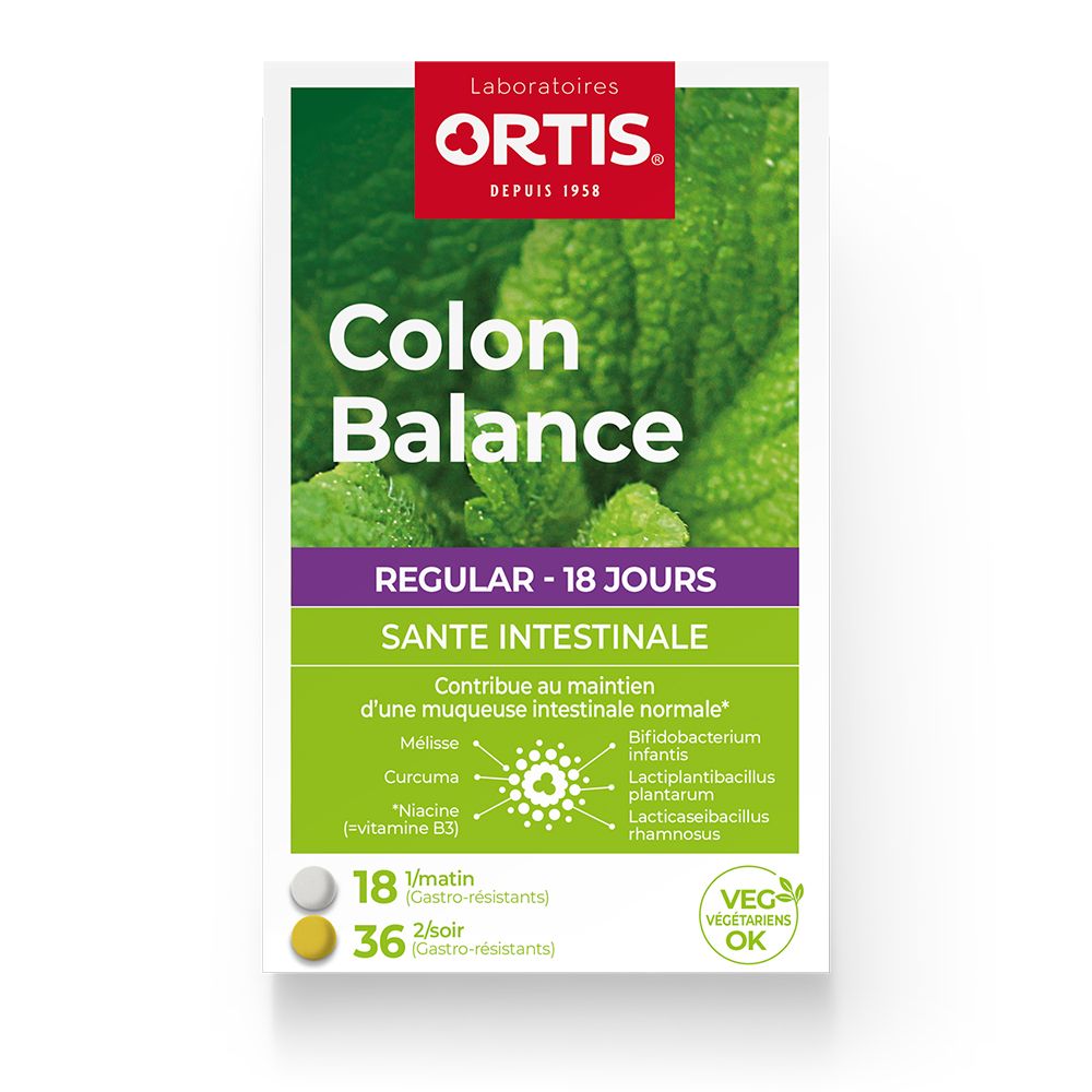 Ortis Colon Balance Packung. Enthält 18 Tabletten für morgens und 36 für abends. Grüner Hintergrund mit Blättern. Vegetarisches Logo.