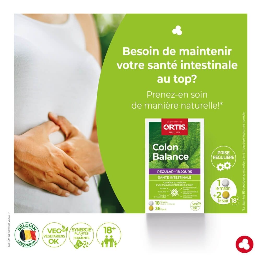Boîte Ortis Colon Balance Regular sur fond de feuilles de menthe.
