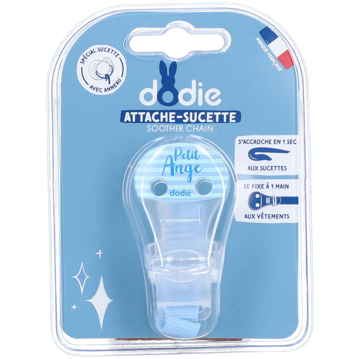 Dodie Schnullerhalter, blaues Kunststoff, in Verpackung. Mit Text: Attache-sucette, Petit Ange, Dodie.