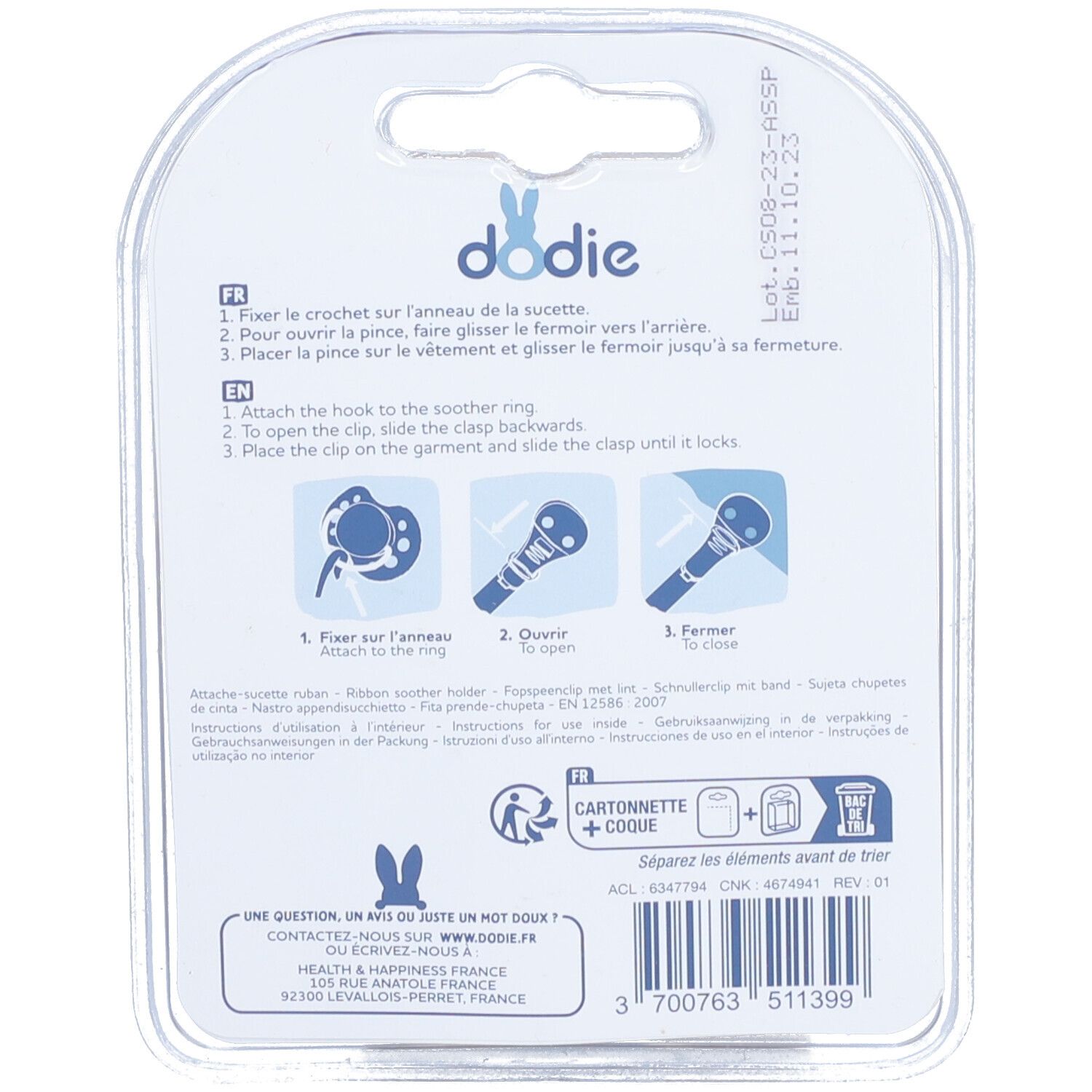 Rückseite der Dodie Schnullerhalter-Verpackung. Anweisungen und Illustrationen. Text: Dodie, Attache-sucette.