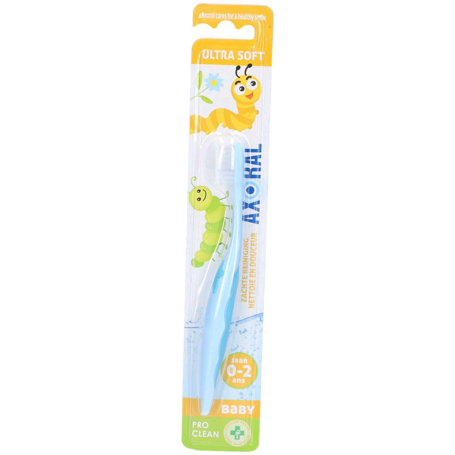 Hellblaue Baby-Zahnbürste in Verpackung. "AXORAL"-Logo, "0-2" und "Ultra Soft" Text. Grün-weißes Pro Clean-Logo.