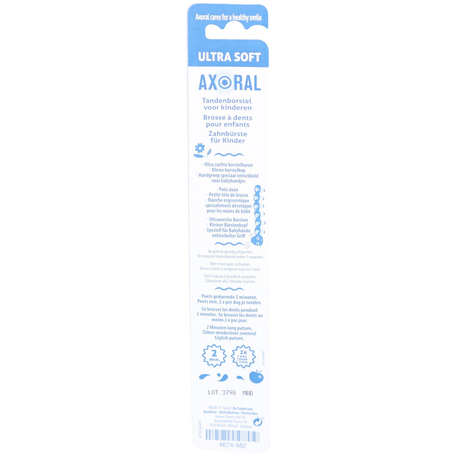 Rückseite der Verpackung. "AXORAL"-Logo, Text in Deutsch, Französisch, Italienisch und Niederländisch. Informationen zur Zahnbürste.