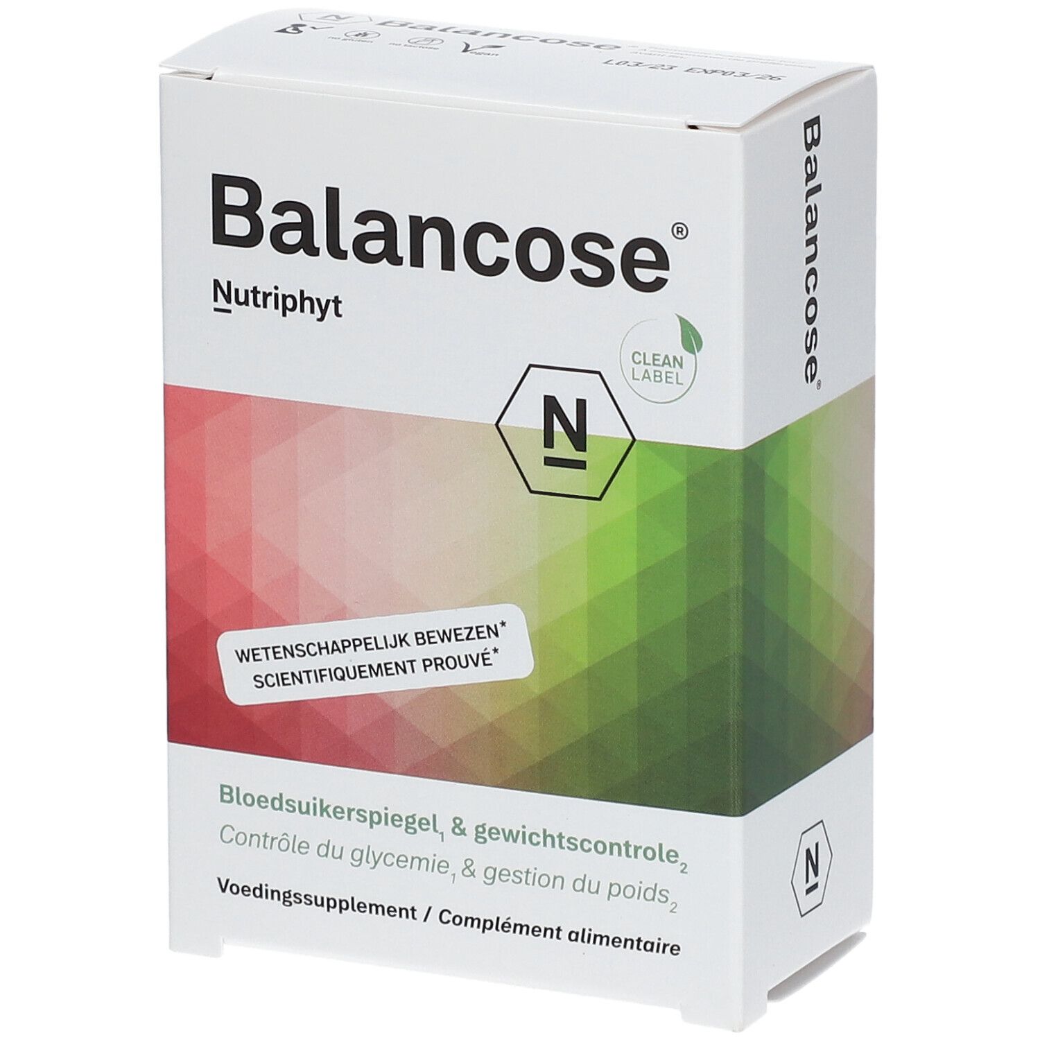 Boîte blanche "Balancose". Dégradé rouge-vert. Logo "Nutriphyt" et "Clean Label". Texte "scientifiquement prouvé".