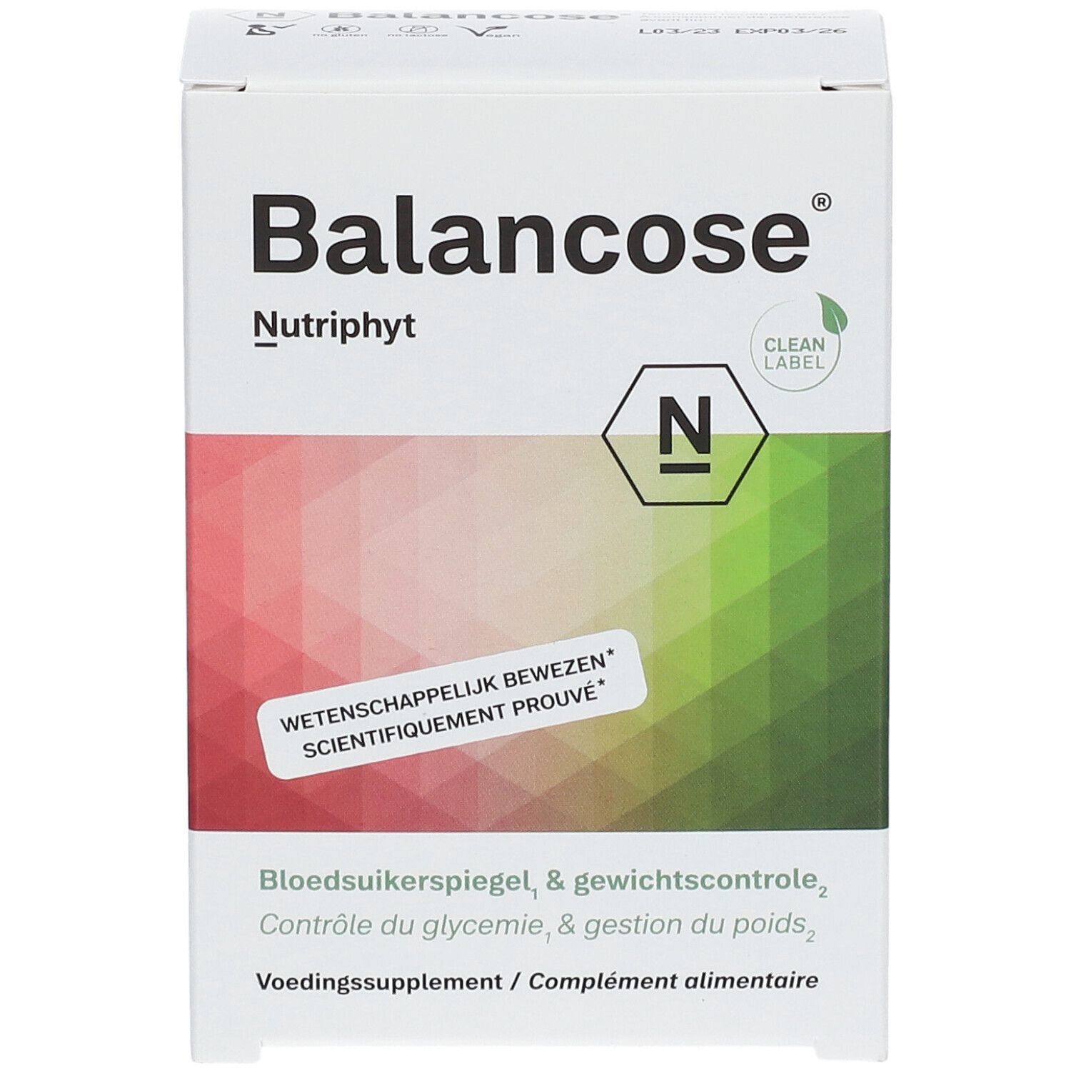 Boîte blanche "Balancose". Dégradé rouge-vert. Logo "Nutriphyt" et "Clean Label". Texte "scientifiquement prouvé".