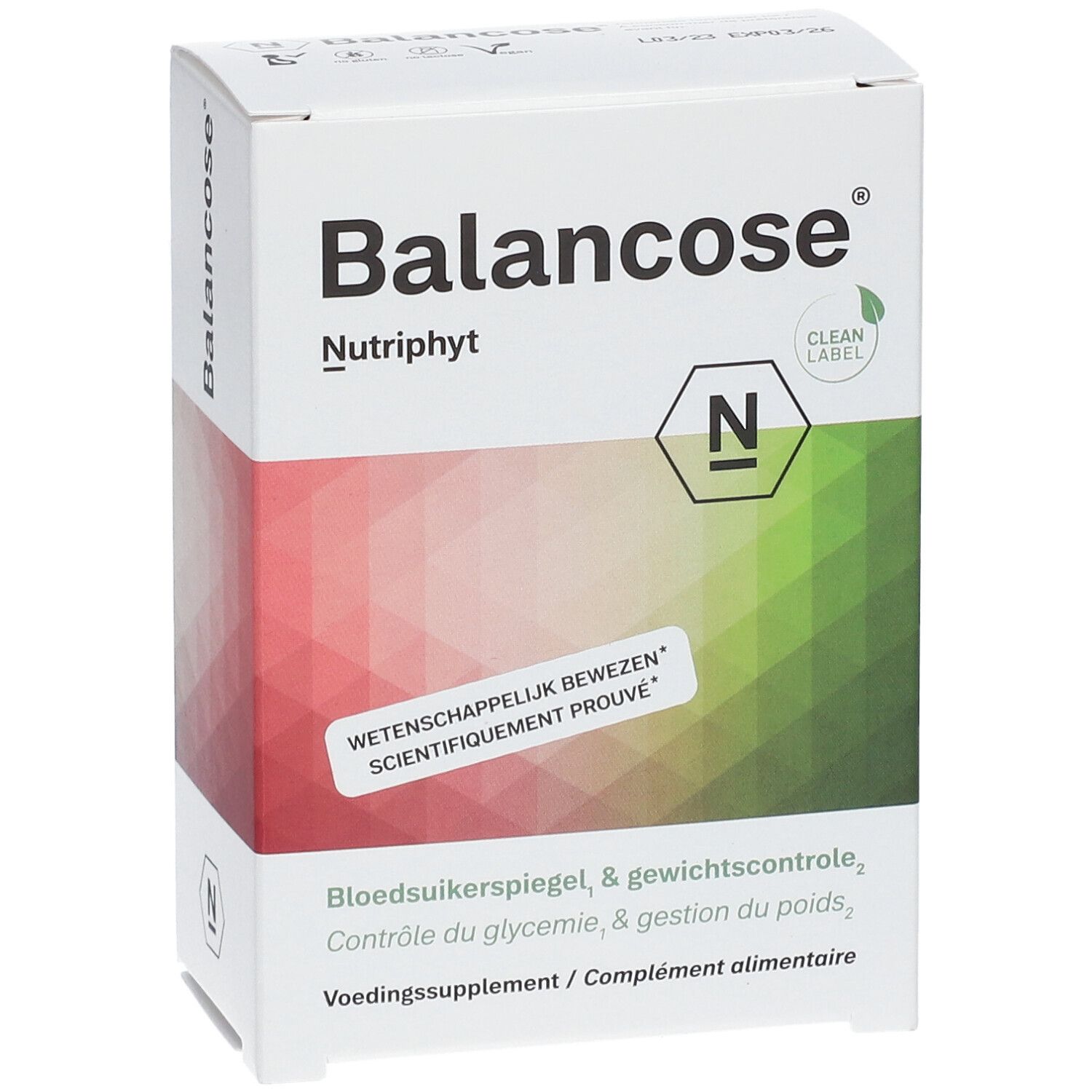 Boîte blanche "Balancose". Dégradé rouge-vert. Logo "Nutriphyt" et "Clean Label".