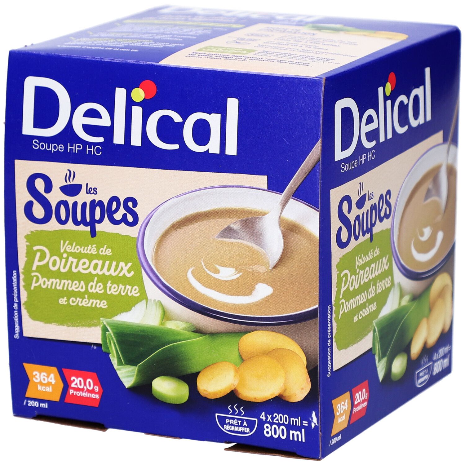 Blauwe doos met Delical-soep. Afbeelding van soep met prei, aardappel en room. 4 x 200 ml. 364 kcal, 20,0 g proteïnen.