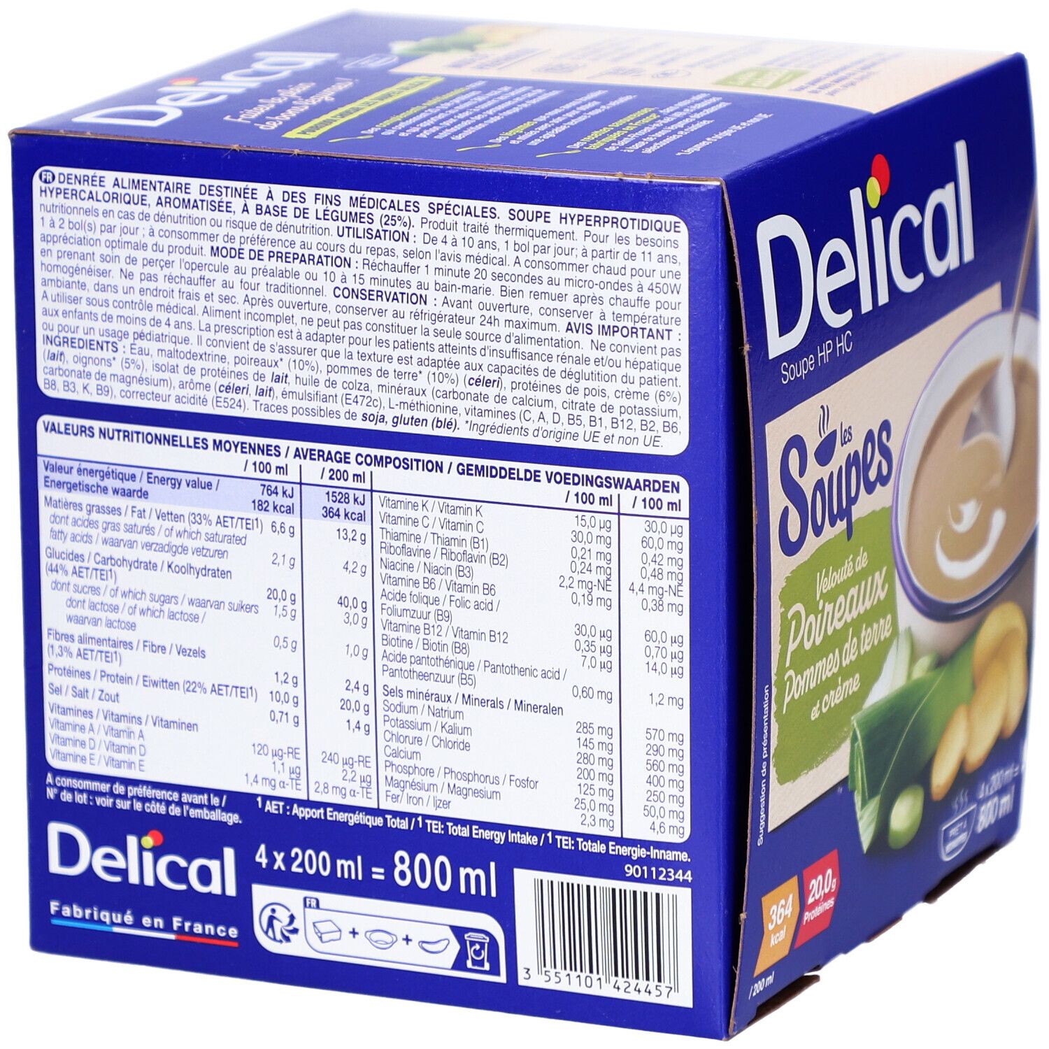 Rückseite der blauen Delical-Suppenbox. Nährwertangaben und Zutatenliste. 4 x 200 ml. 800 ml insgesamt.