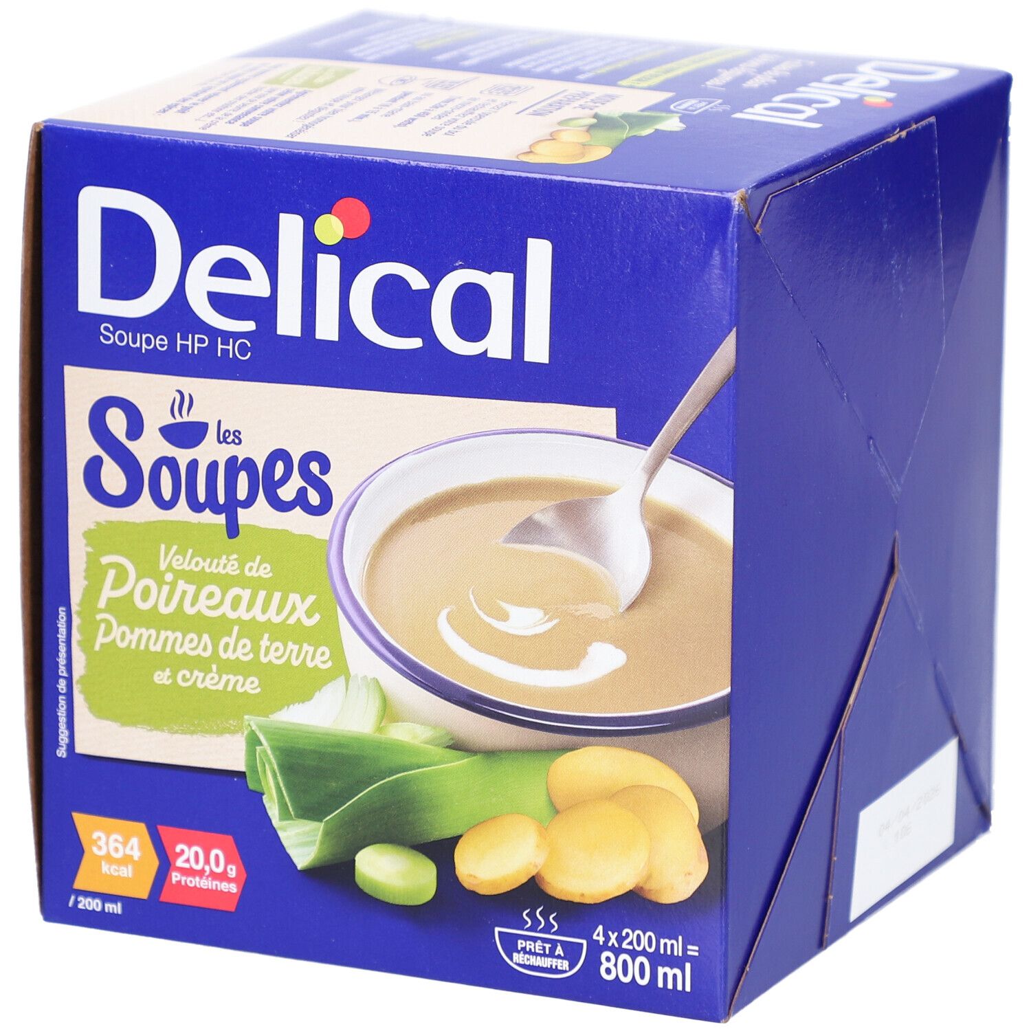 Blaue Delical-Suppenbox. Soep met prei, aardappel en room. 4 x 200 ml. 364 kcal, 20,0 g proteïnen.