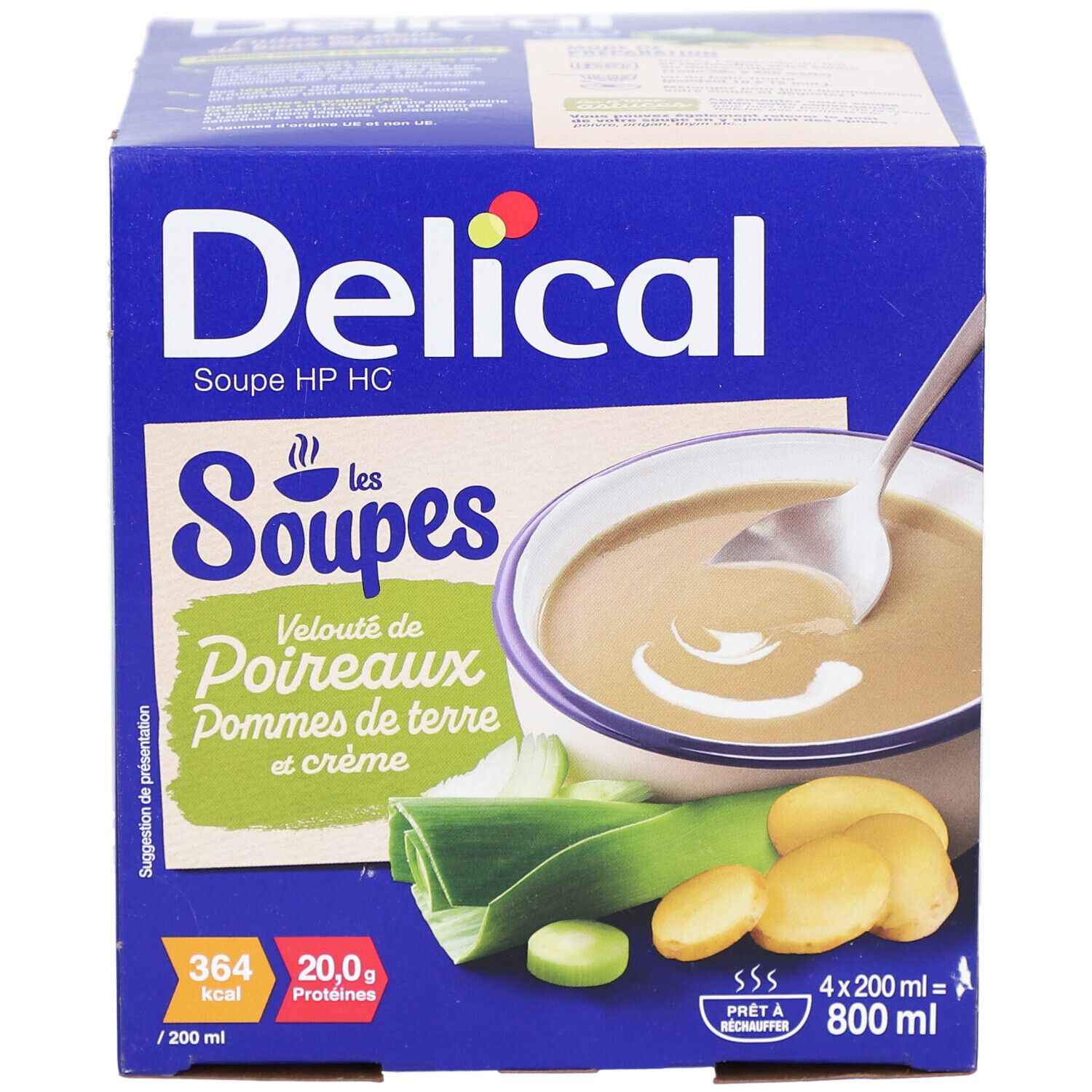 Blaue Delical-Suppenbox. Soep met prei, aardappel en room. 4 x 200 ml. 364 kcal, 20,0 g proteïnen.