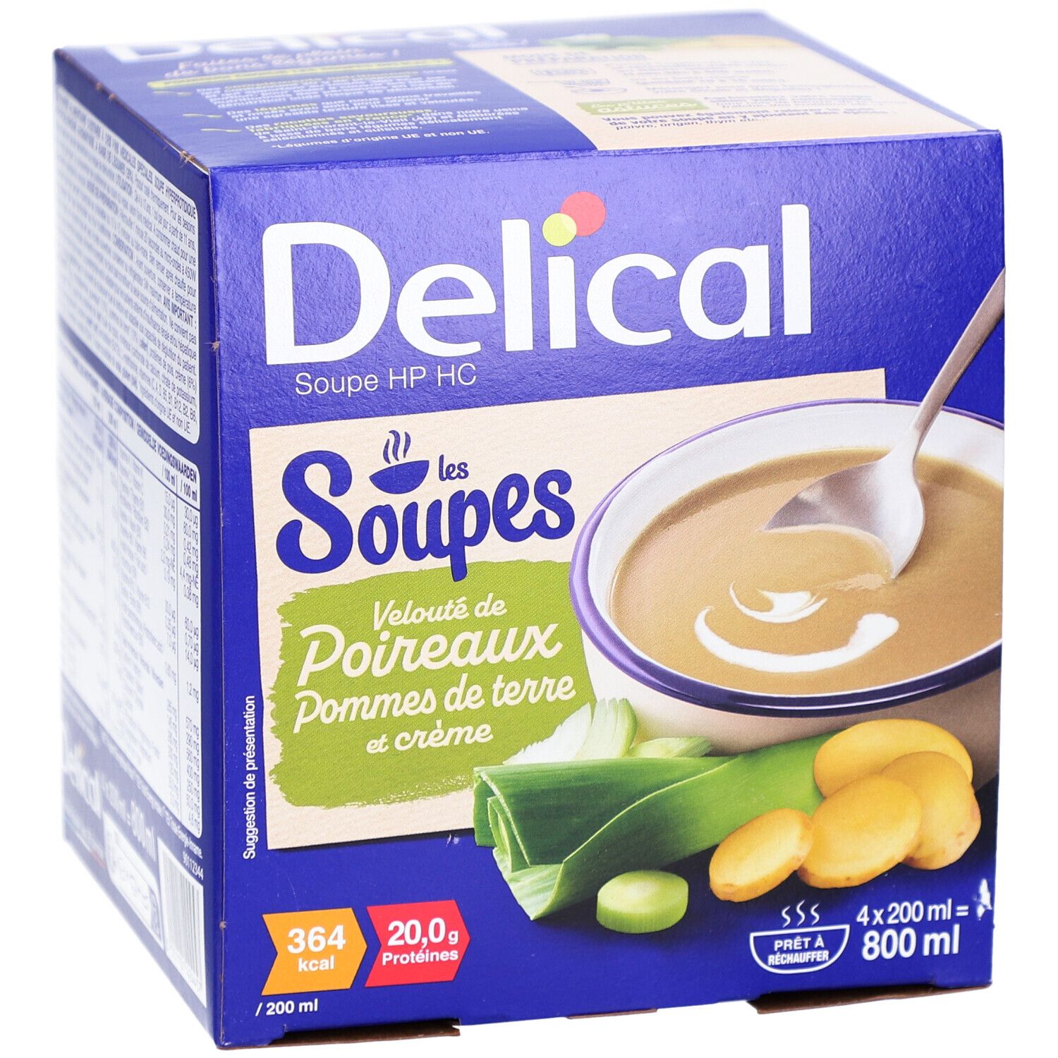 Blaue Delical-Suppenbox. Soep met prei, aardappel en room. 4 x 200 ml. 364 kcal, 20,0 g proteïnen.