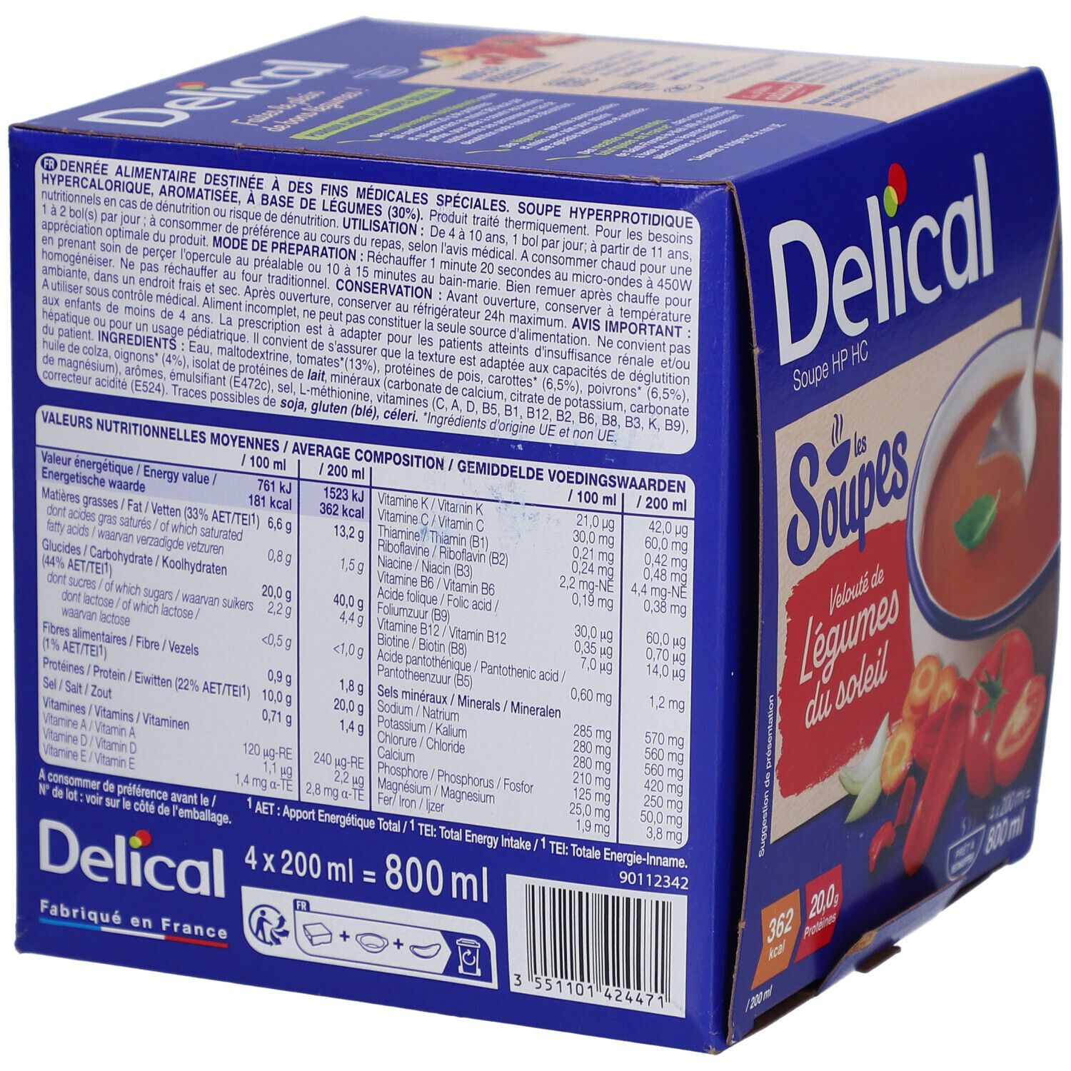 Rückseite der blauen Delical Suppe HP HC Box. Enthält Nährwertangaben, Zutatenliste und Herstellerinformationen.