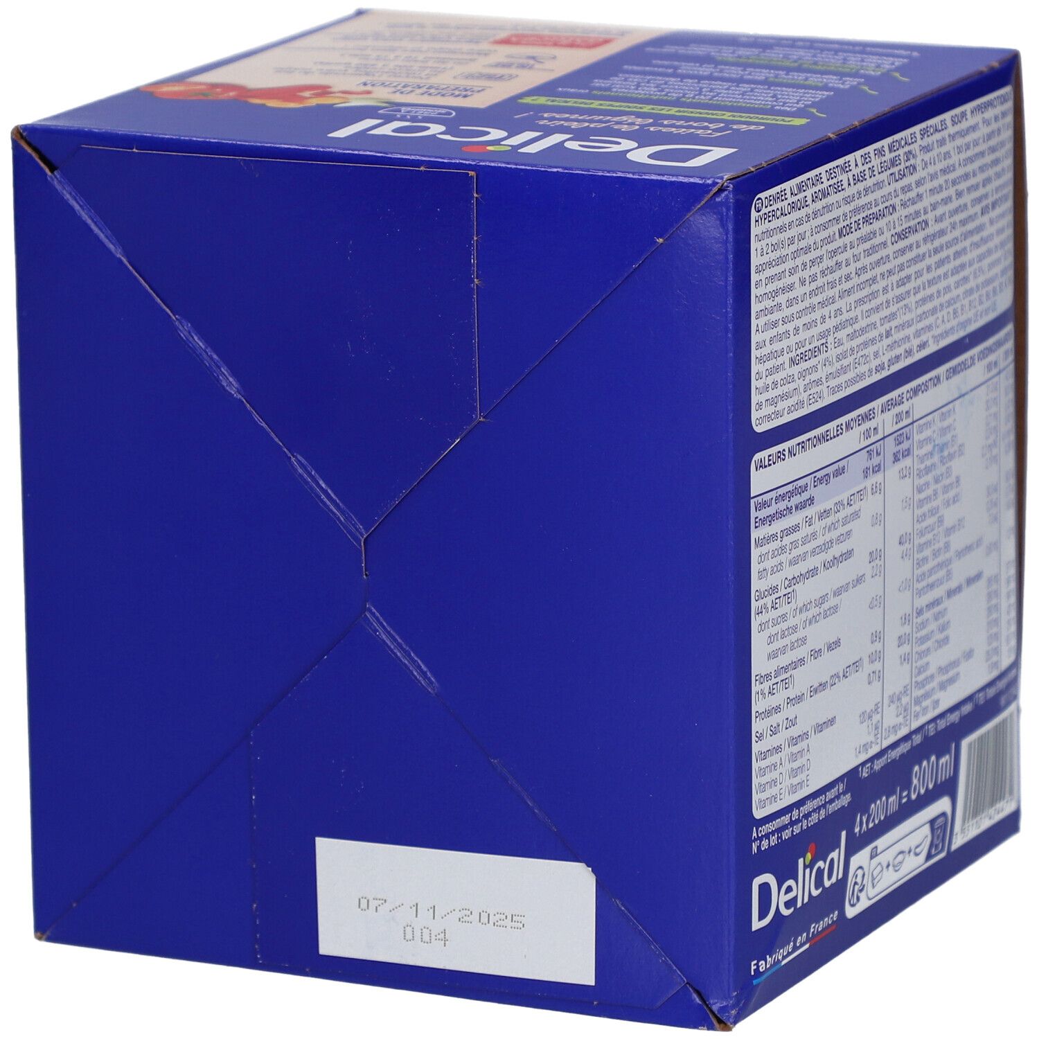 Unterseite der blauen Delical Suppe HP HC Box. Mit Haltbarkeitsdatum und Chargennummer.