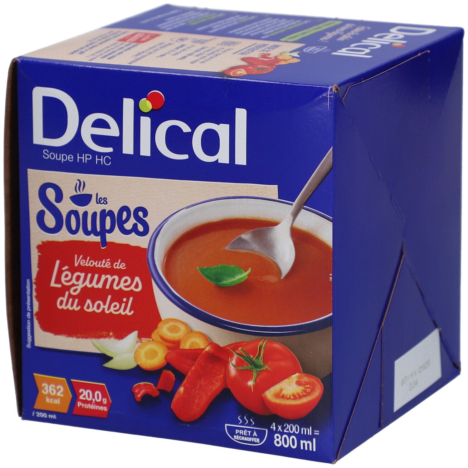 Blaue Delical Suppe HP HC Box. Vorderseite mit Suppenabbildung, Gemüse und Nährwertangaben.