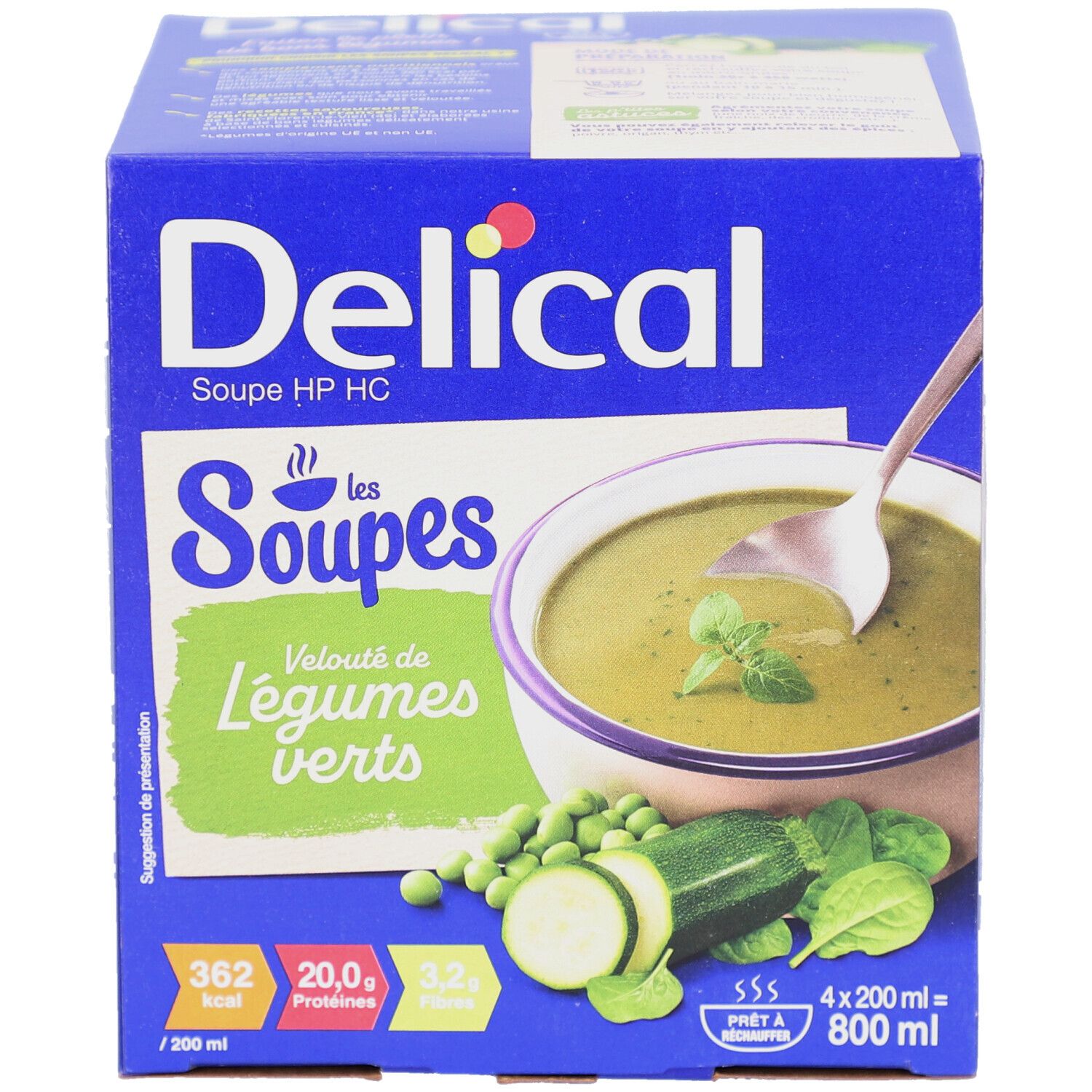 Blaue Schachtel mit Delical Suppe. Aufdruck: Grüne Gemüsesuppe, Nährwertangaben, Schüssel mit Suppe, Löffel, Gemüse.