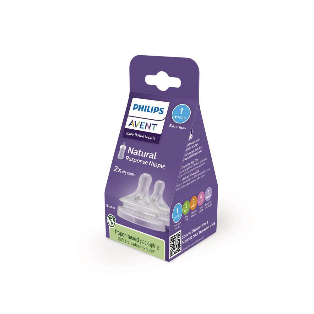 Emballage de deux tétines PHILIPS AVENT Natural Response. Tétines transparentes, carton violet avec nom et logo du produit.