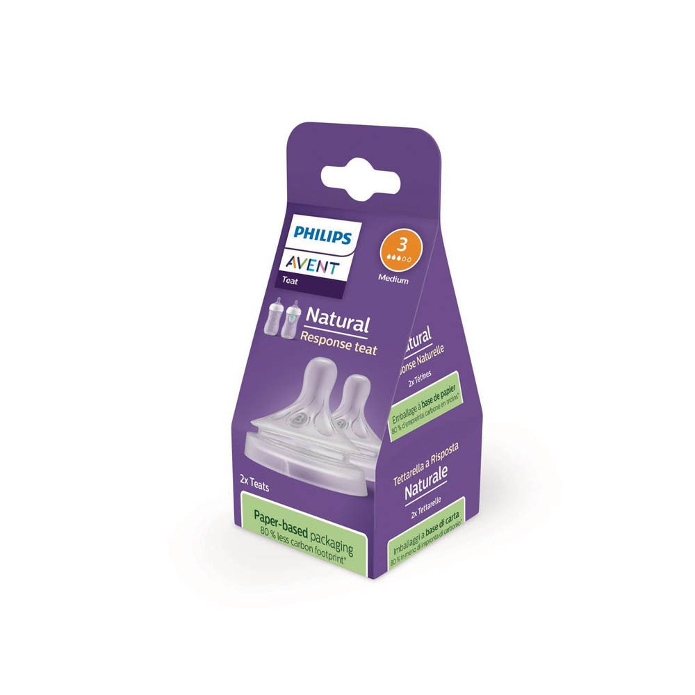 Boîte avec deux tétines transparentes. Inscription: PHILIPS AVENT Natural Response Teat. Recommandé pour les bébés de 3 mois et plus.