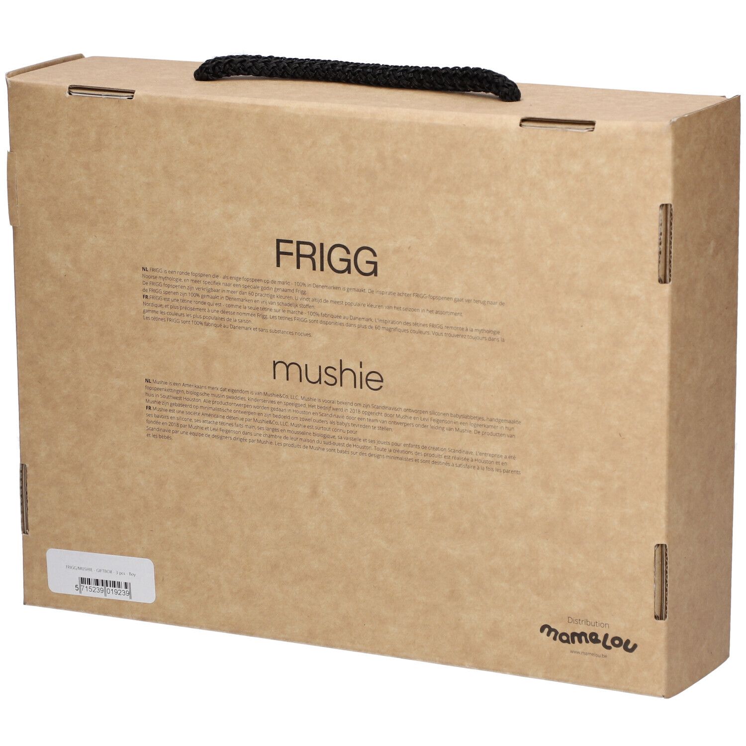 Rückseite der Geschenkbox. Braune Box mit Text und Logo. Enthält Informationen und Markenlogos. Schwarzer Griff.