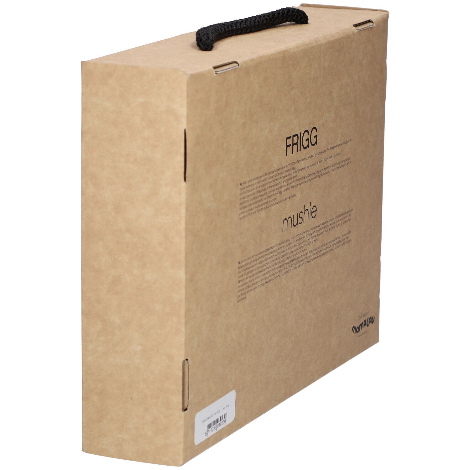 Geschenkbox, braun, mit Text und Logo. Schwarzer Griff. Etikett unten links. Enthält Babyartikel.