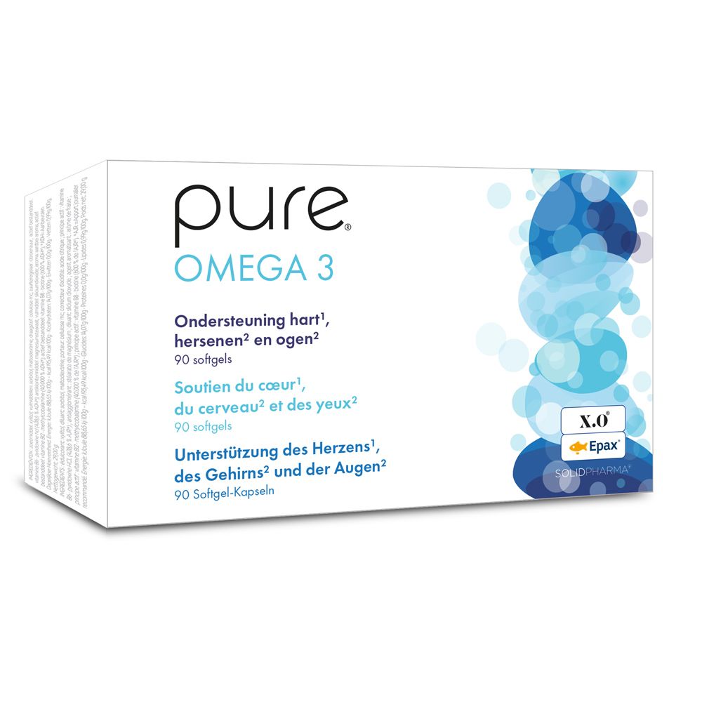 Boîte blanche avec logo "pure Omega 3". Graphique bleu. Texte: Soutien cœur, cerveau et yeux. 90 gélules.