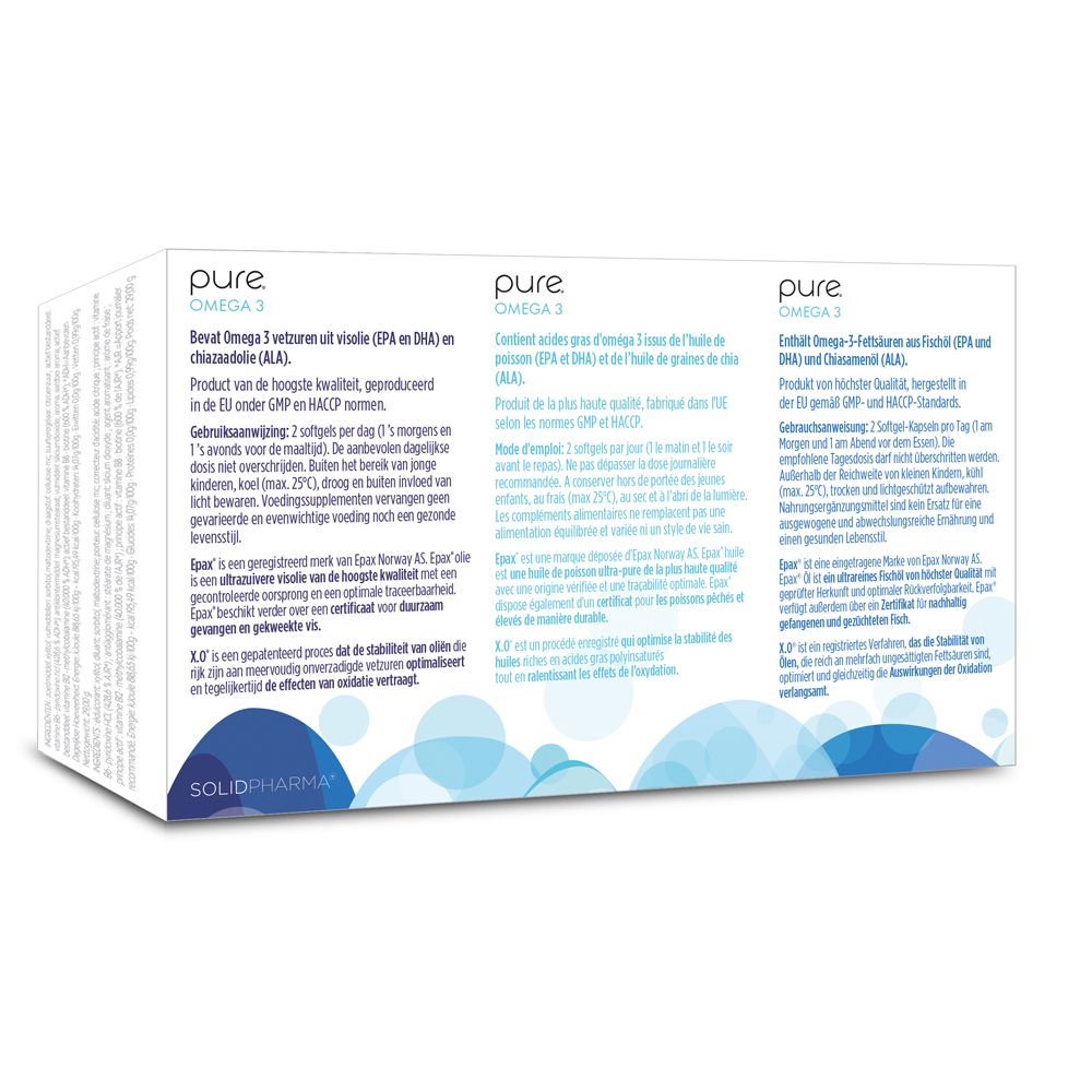 Boîte blanche avec logo "pure Omega 3". Graphique bleu. Texte: Soutien cœur, cerveau et yeux. 90 gélules.