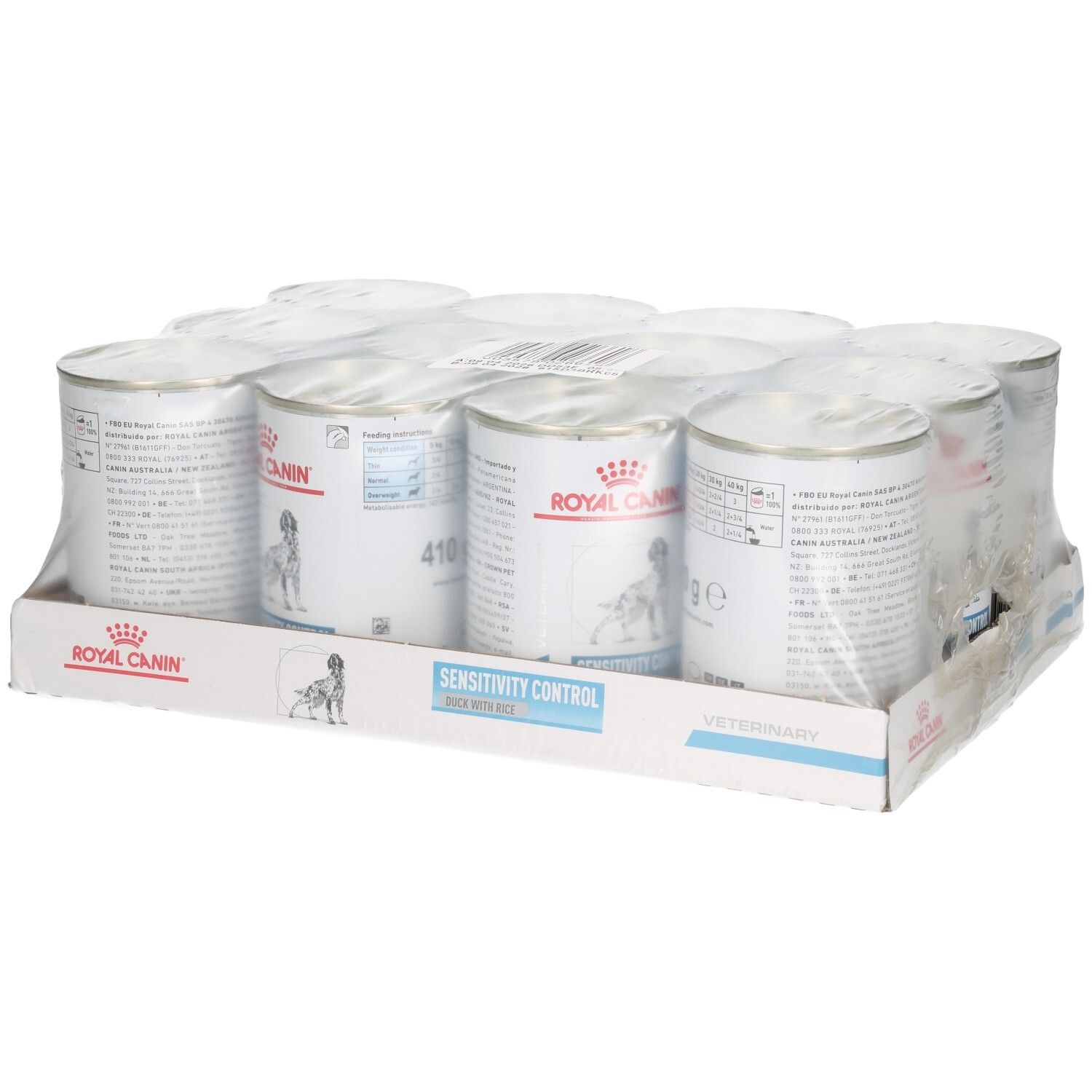 Zwölf Dosen Royal Canin Sensitivity Control Enten- und Reis-Hundefutter, 410 g pro Dose.