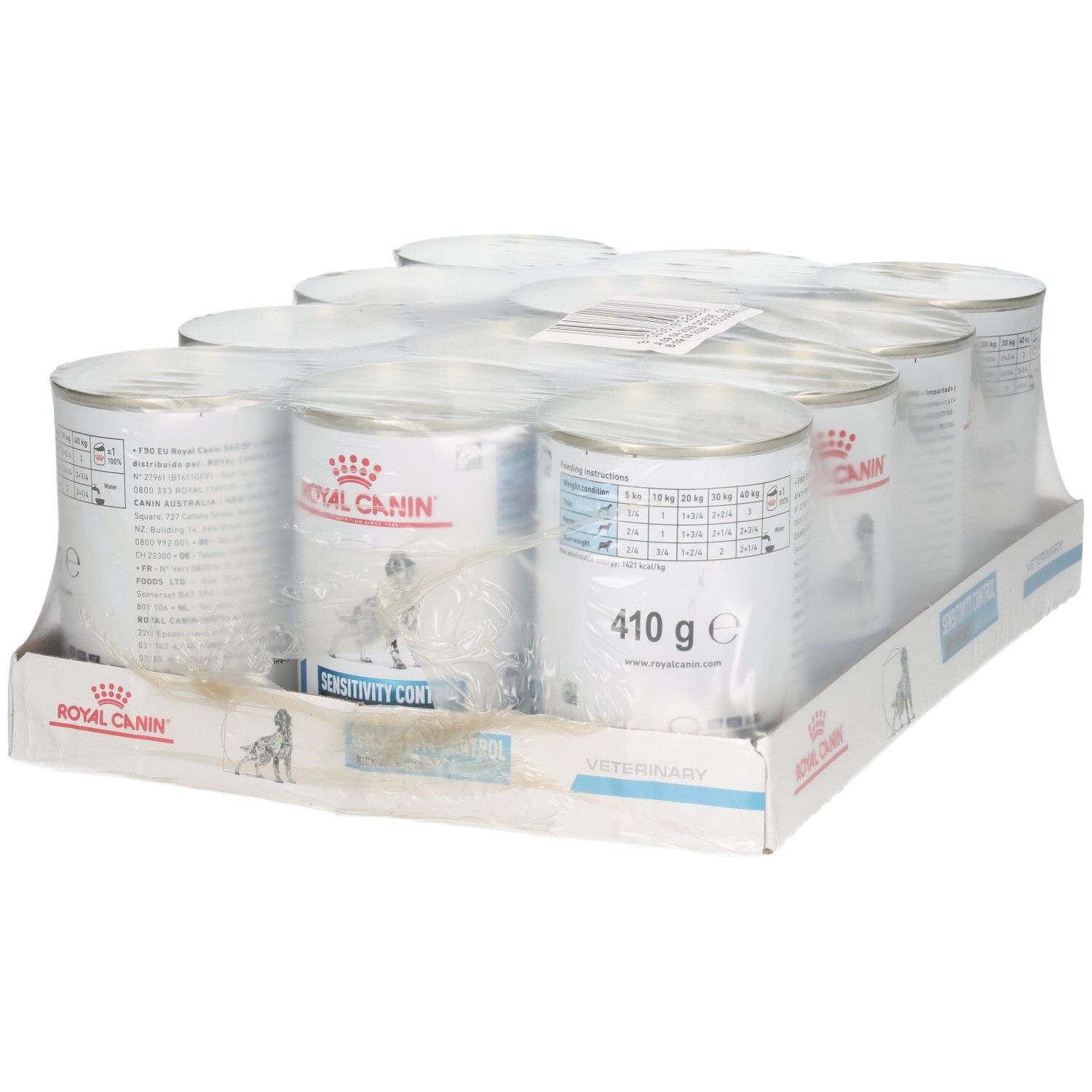 Zwölf Dosen Royal Canin Sensitivity Control Enten- und Reis-Hundefutter, 410 g pro Dose.