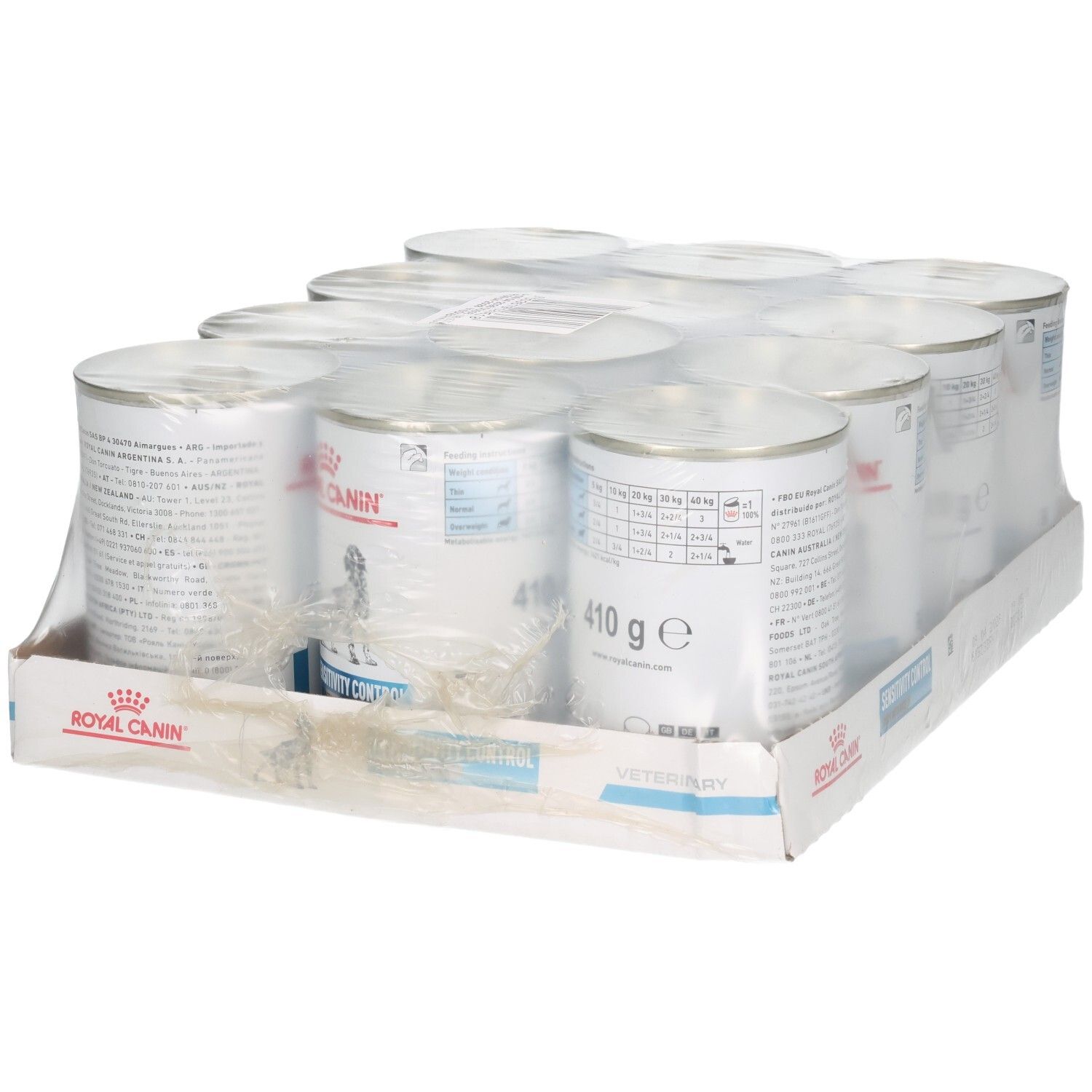 Zwölf Dosen Royal Canin Sensitivity Control Enten- und Reis-Hundefutter, 410 g pro Dose.