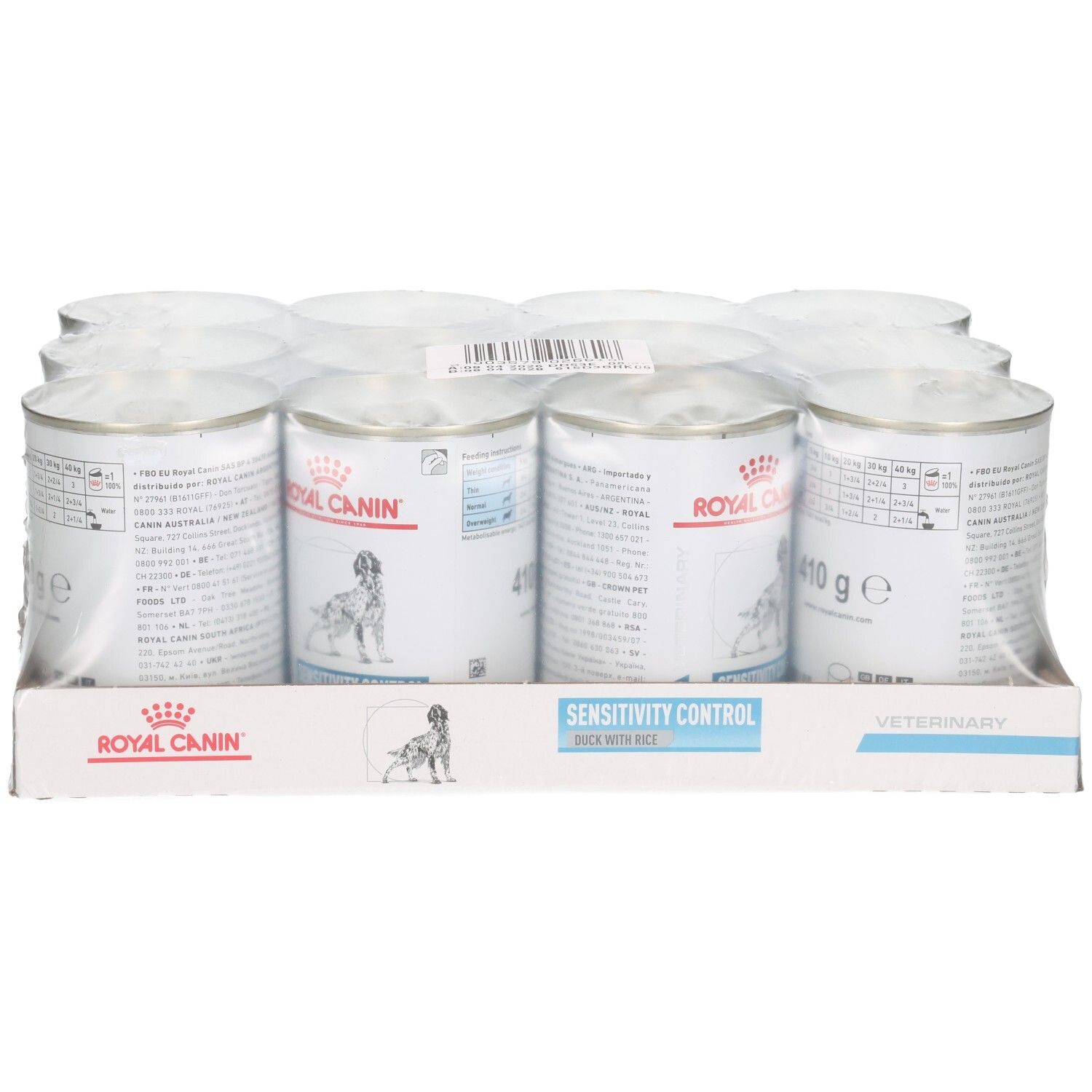 Zwölf Dosen Royal Canin Sensitivity Control Enten- und Reis-Hundefutter, 410 g pro Dose.