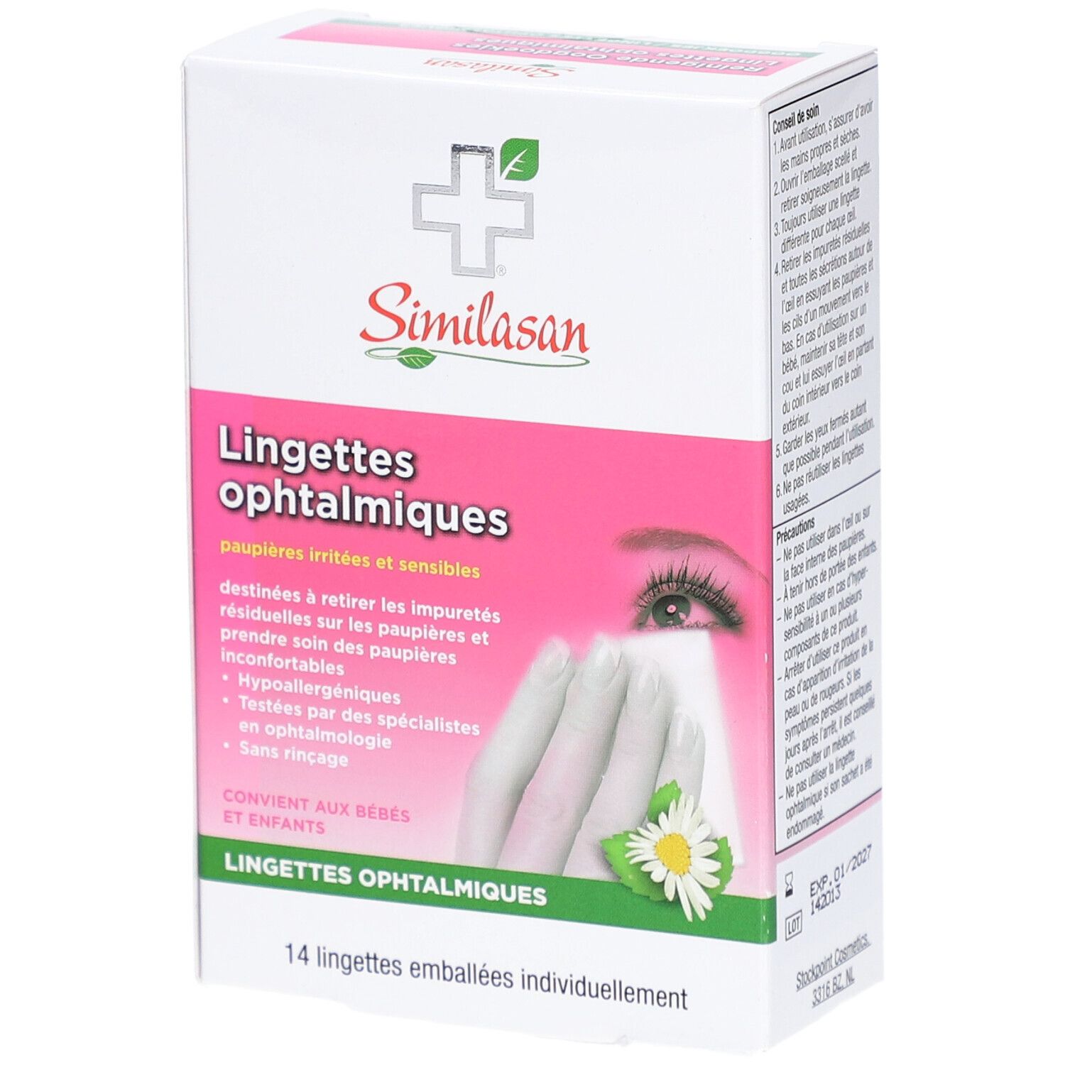 Verpackung von Similasan Lingettes ophtalmiques. Rosa-weiße Schachtel mit Produktinformationen und Logo. 14 einzeln verpackte Tücher.