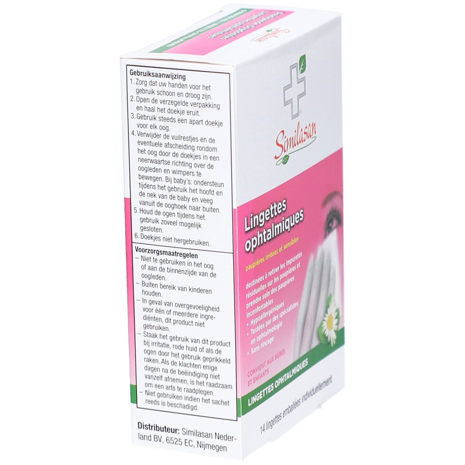Verpackung von Similasan Lingettes ophtalmiques. Rosa-weiße Schachtel mit Produktinformationen und Logo. Text in Niederländisch.