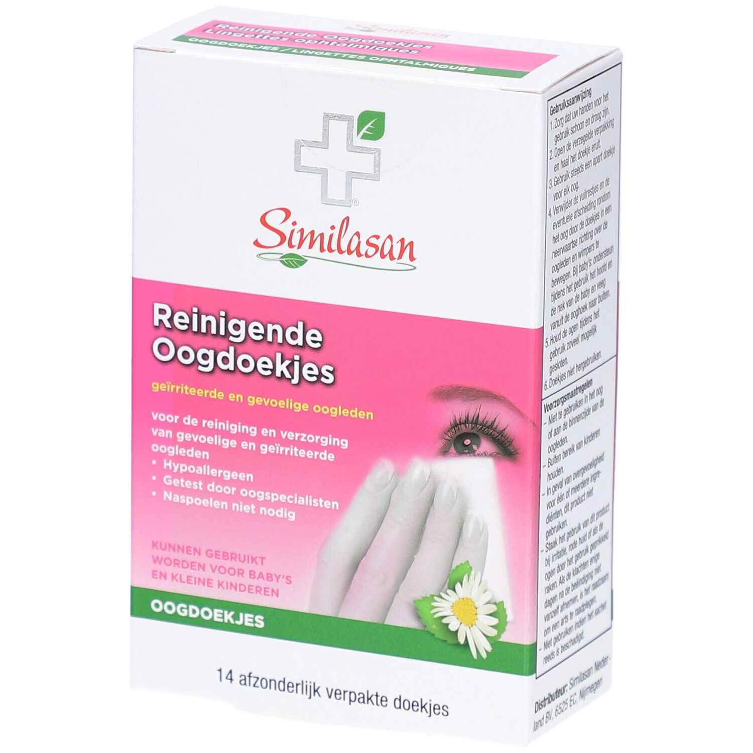 Verpackung von Similasan Reinigende Oogdoekjes. Rosa-weiße Schachtel mit Produktinformationen und Logo. 14 einzeln verpackte Tücher.