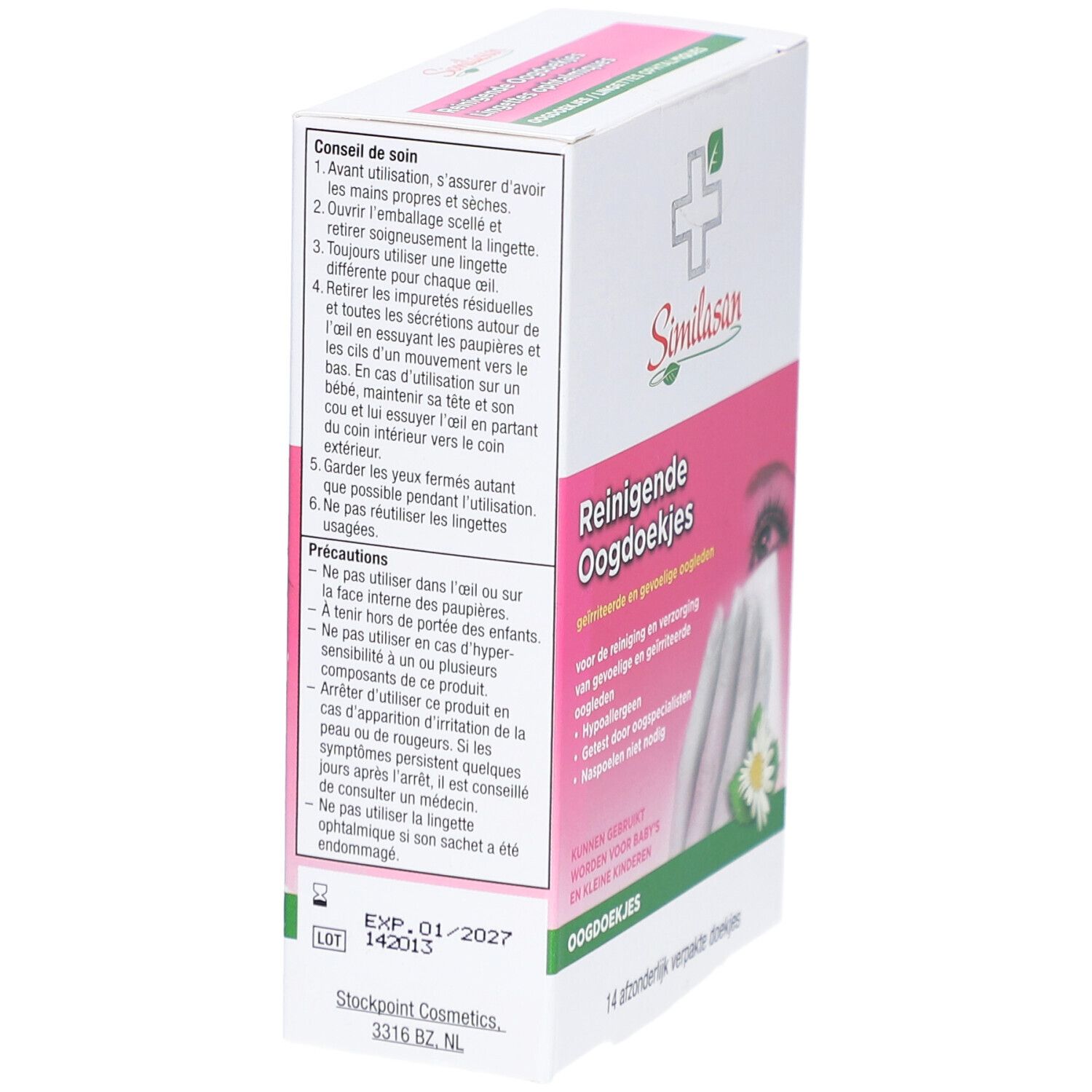 Verpackung von Similasan Reinigende Oogdoekjes. Rosa-weiße Schachtel mit Produktinformationen und Logo. Text in Niederländisch.