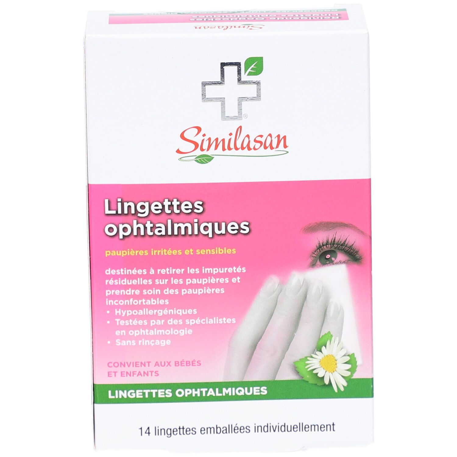 Verpackung von Similasan Lingettes ophtalmiques. Rosa-weiße Schachtel mit Produktinformationen und Logo. 14 einzeln verpackte Tücher.