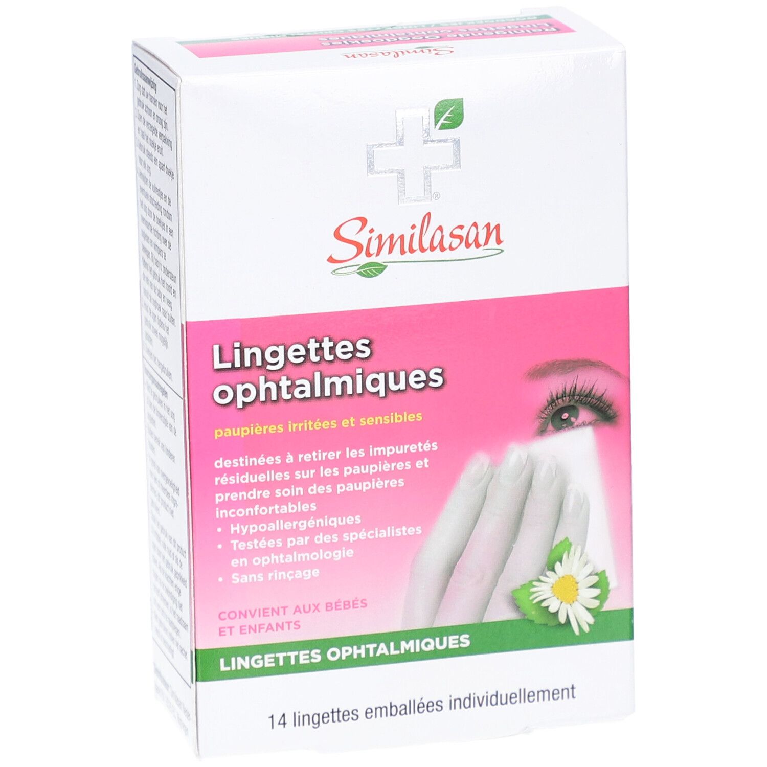 Verpackung von Similasan Lingettes ophtalmiques. Rosa-weiße Schachtel mit Produktinformationen und Logo. 14 einzeln verpackte Tücher.