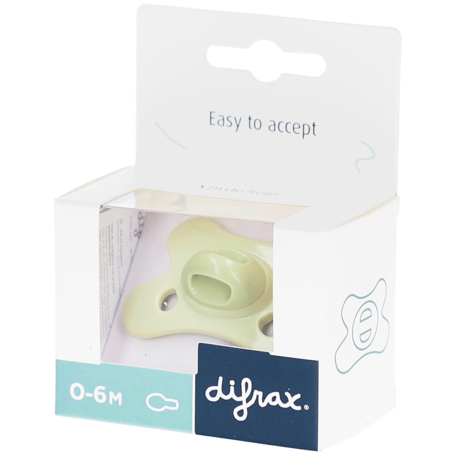 Sucette dans emballage. Couleur vert clair, 0-6M. Marque Difrax. Emballage avec fenêtre.