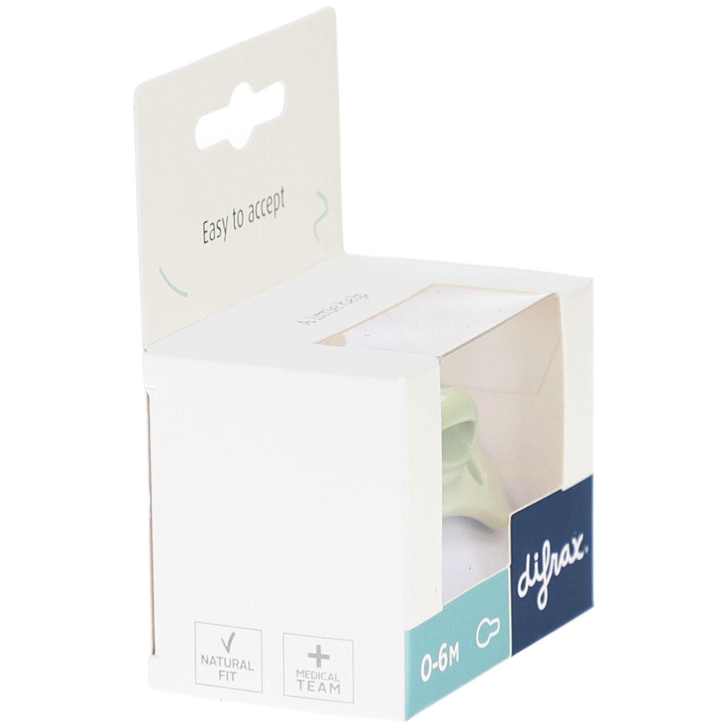 Sucette dans emballage. Couleur vert clair, 0-6M. Marque Difrax. Emballage avec fenêtre.