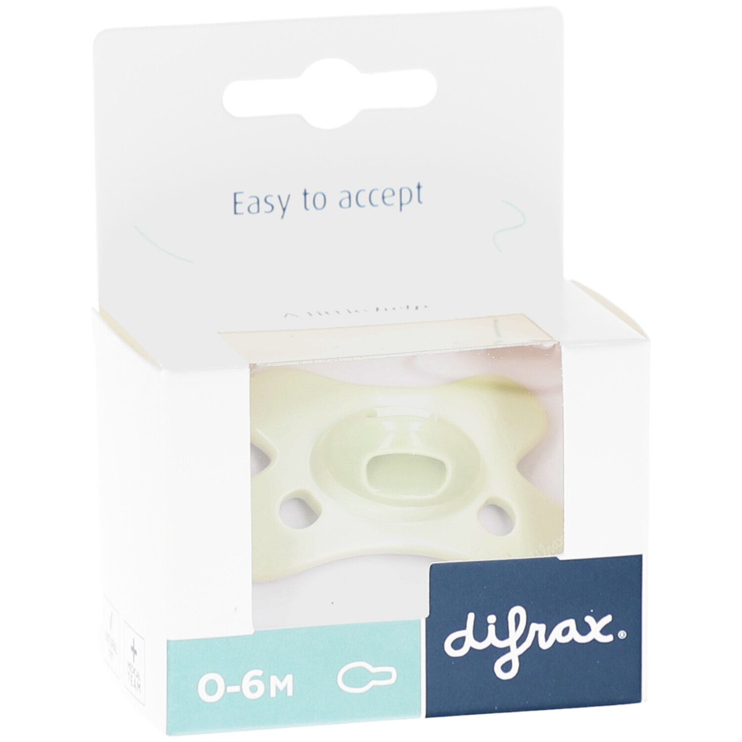 Sucette dans emballage. Couleur vert clair, 0-6M. Marque Difrax. Emballage avec fenêtre.