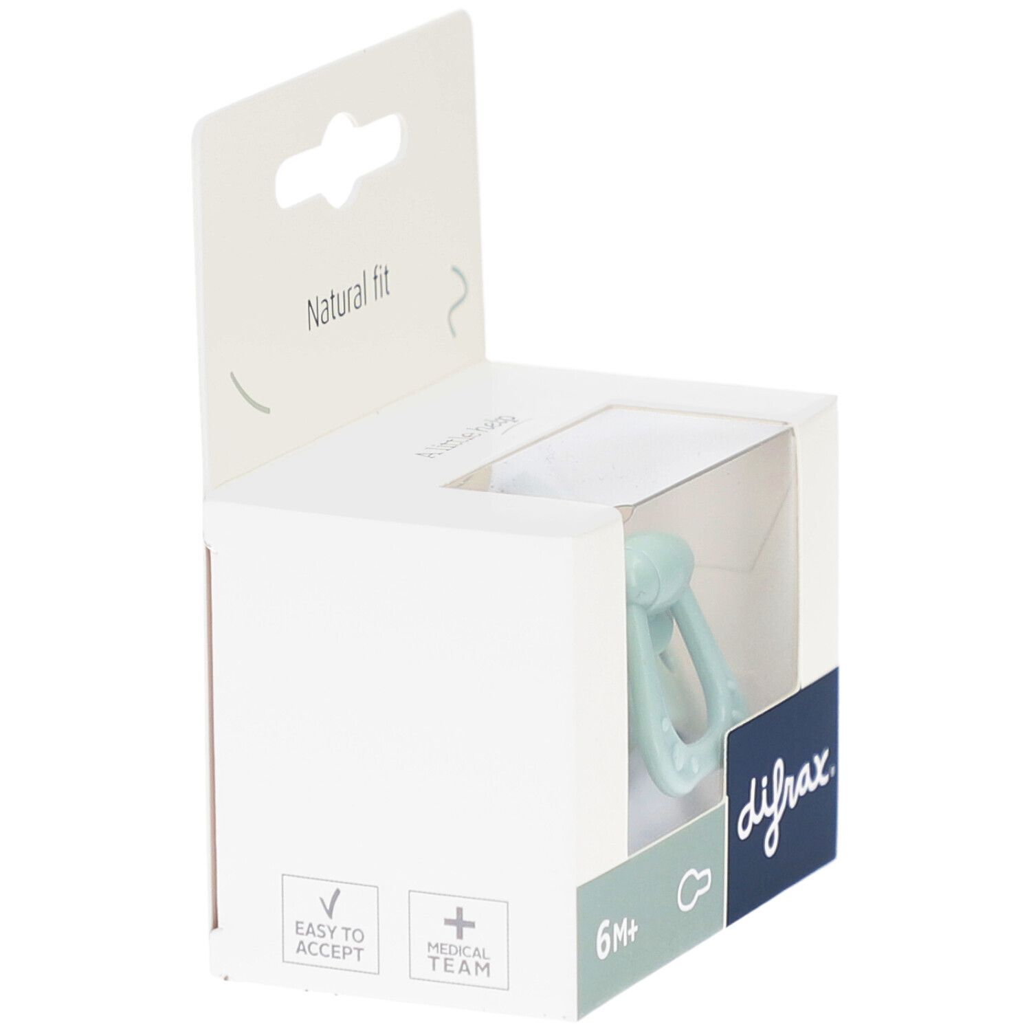 Verpackung mit grünem Schnuller. Aufdruck: difrax, 6M+, Natural fit.