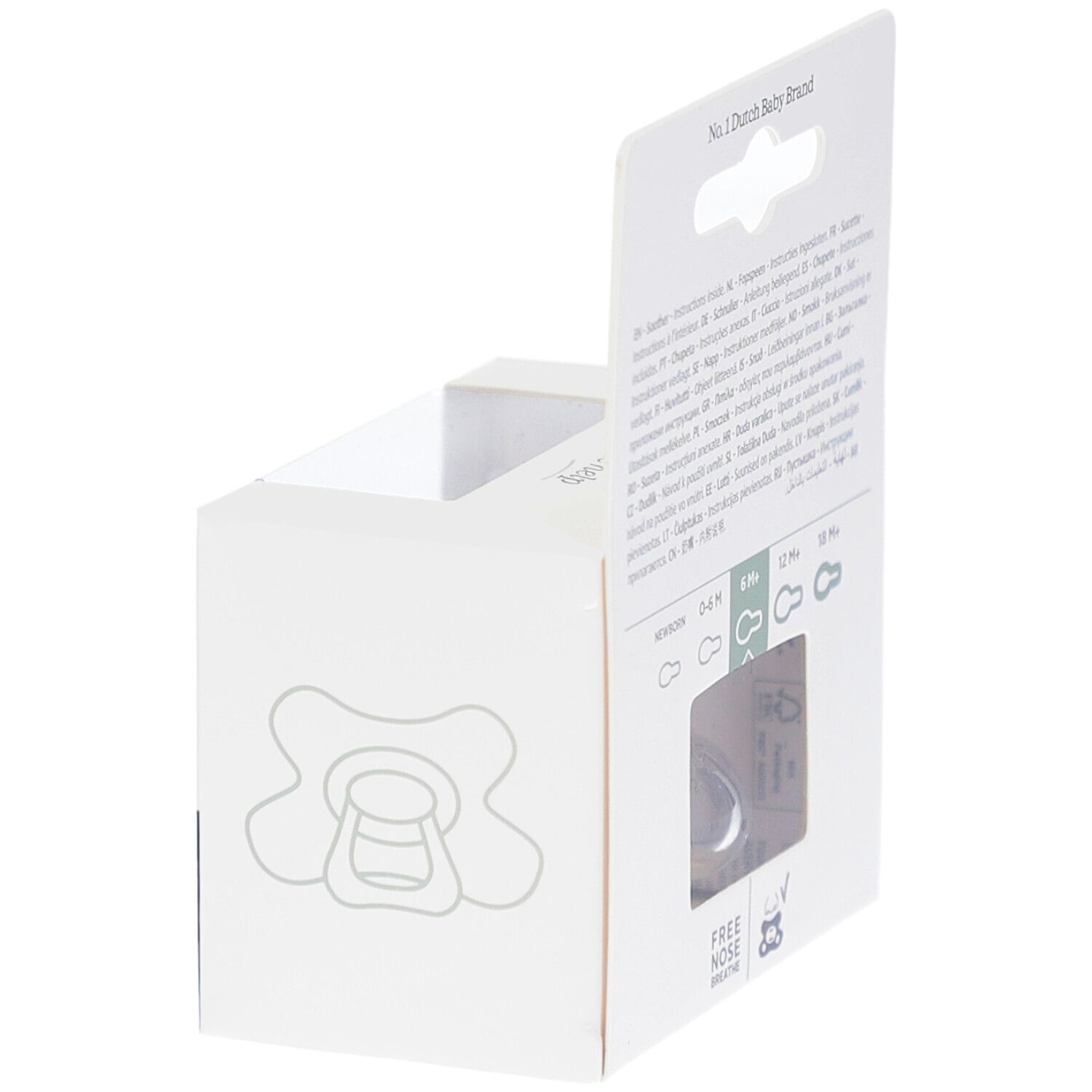 Verpackung mit Schnuller. Aufdruck: No. 1 Dutch Baby Brand. Illustrationen.