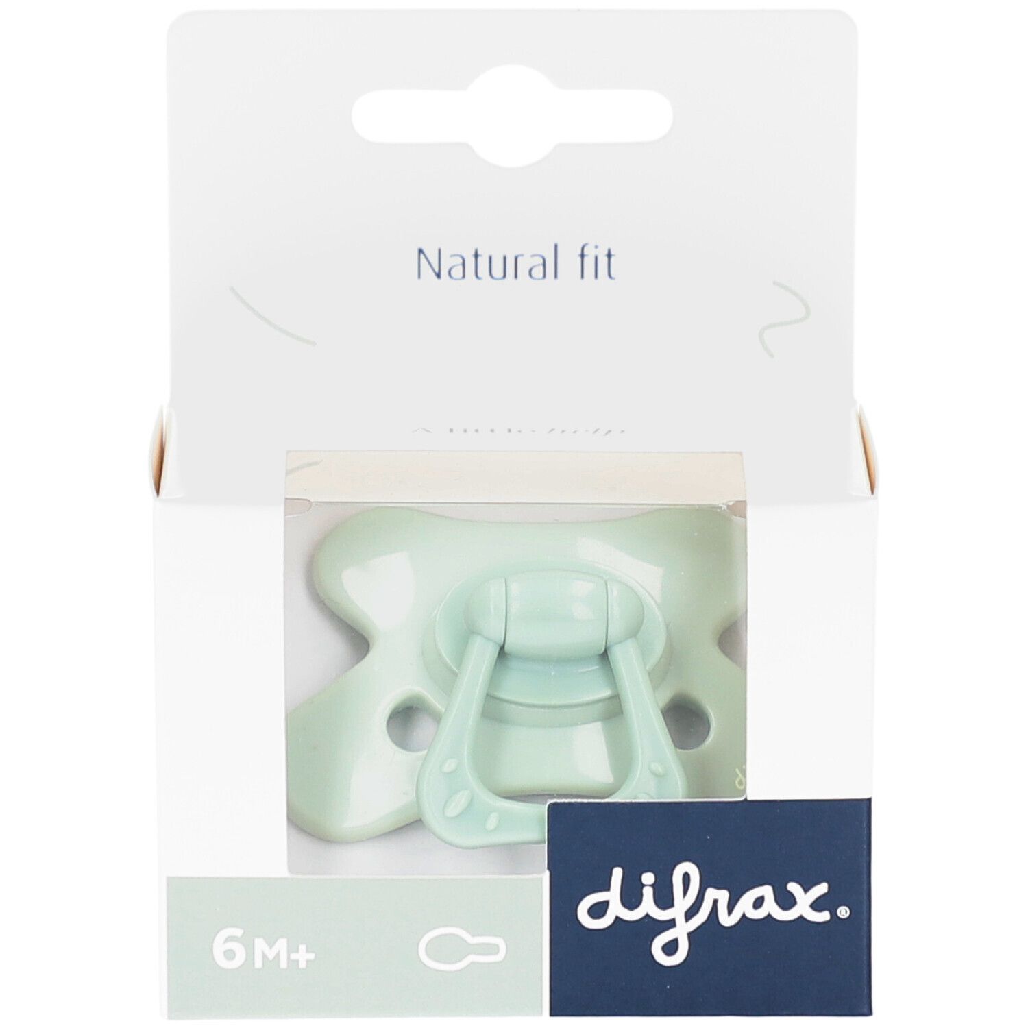 Grüner Schnuller in Verpackung. Aufdruck: 6M+, difrax, Natural fit.