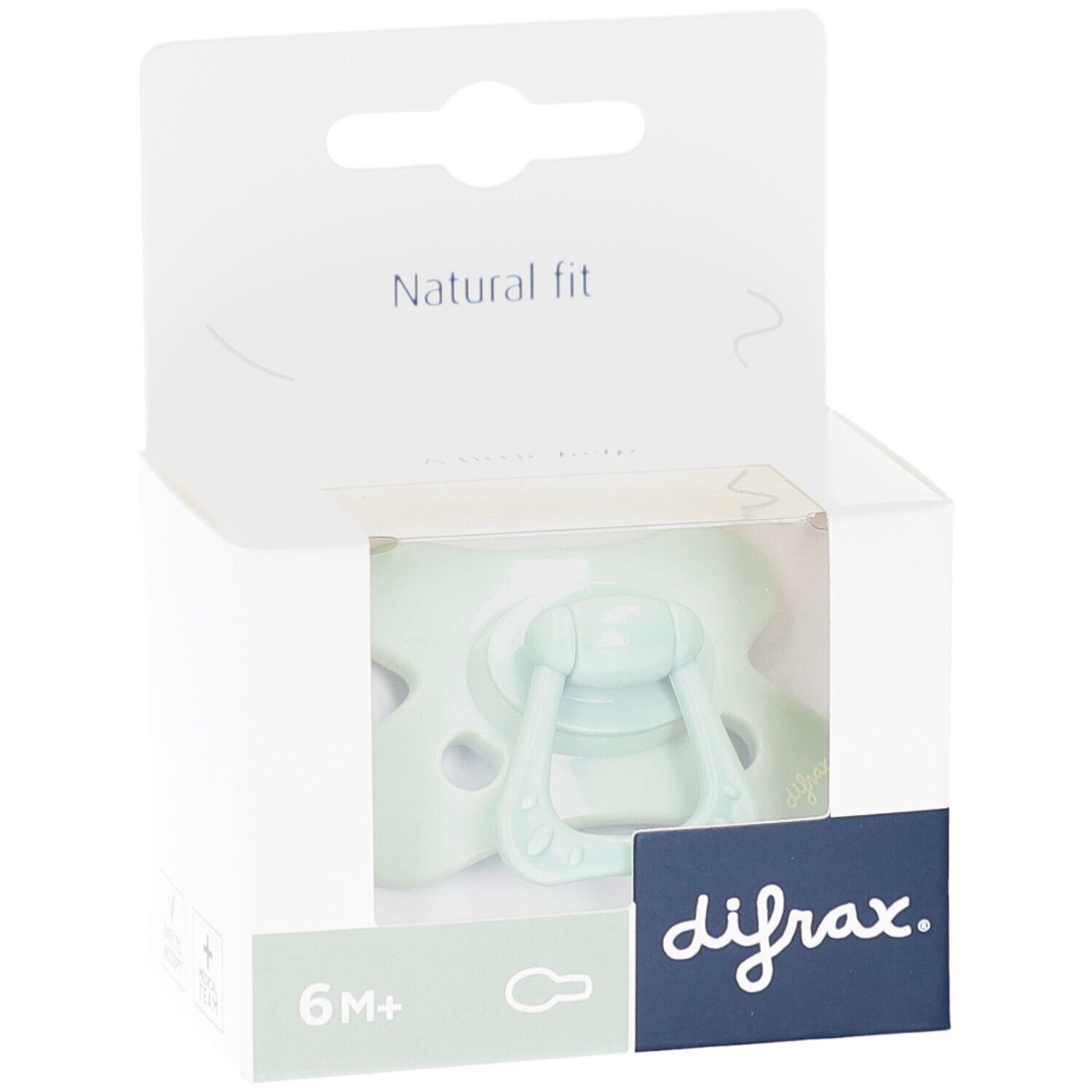 Grüner Schnuller in Verpackung. Aufdruck: 6M+, difrax, Natural fit.