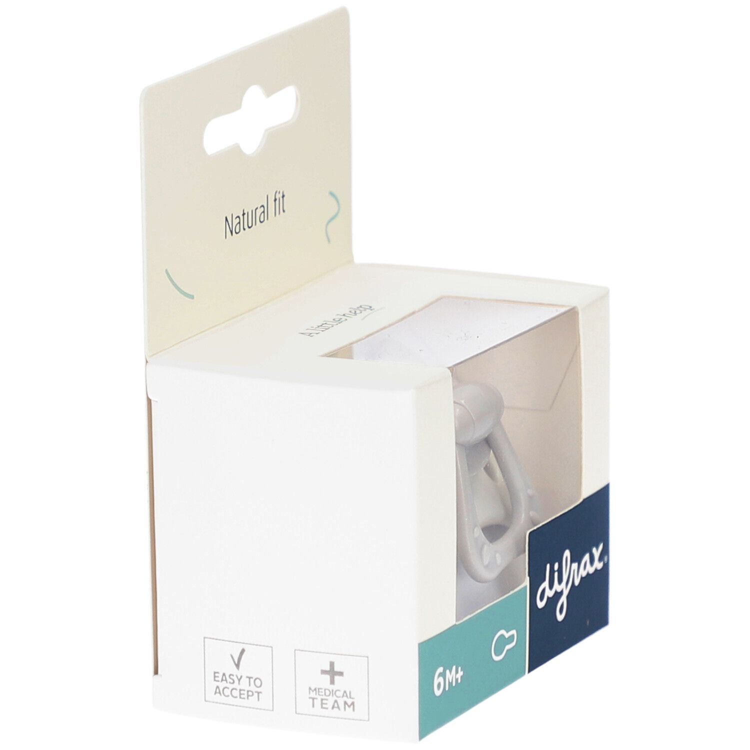 Emballage ouvert avec sucette. Gris, avec poignée. "difrax" et "6M+" sont visibles.