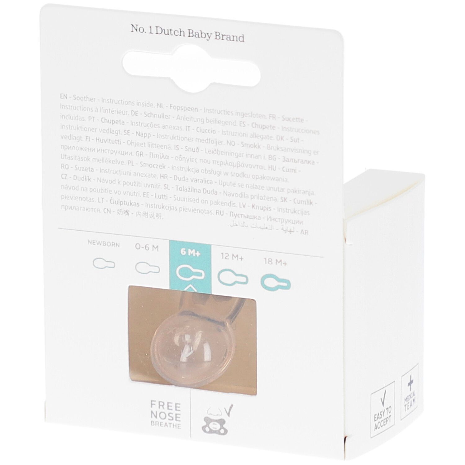 Dos de l'emballage avec sucette. Sucette transparente. Texte: "Free Nose Breathe", "6M+".