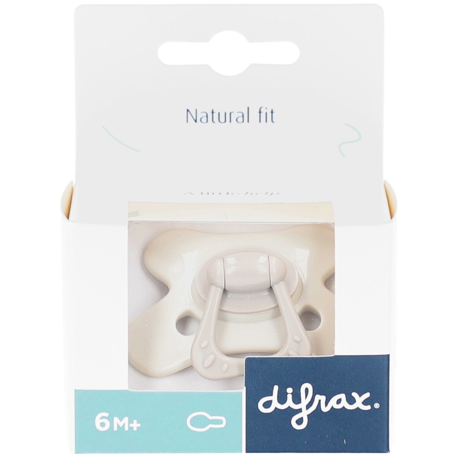 Sucette dans son emballage ouvert. Beige, avec poignée. Le logo "difrax" et "6M+" sont visibles.
